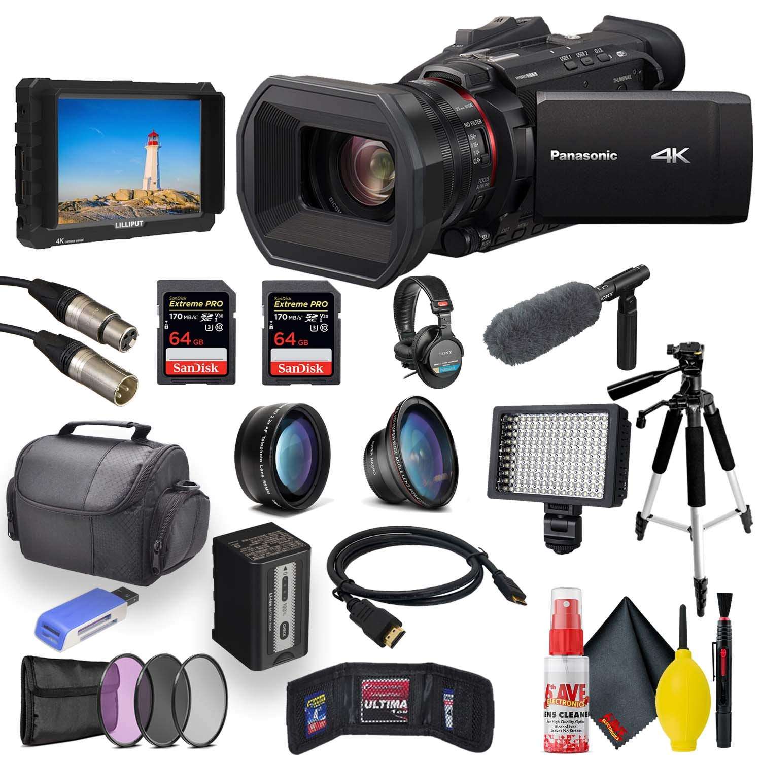 Panasonic HC-X1500 4K Professional Camcorder with 24x Optical Zoom, WiFi HD Live Streaming W/ 7" 4K Monitor + 2 x Sandisk Extreme Pro 64GB Cards + Headphones + UV/HD Filters + Sony Mic + Case + More 1