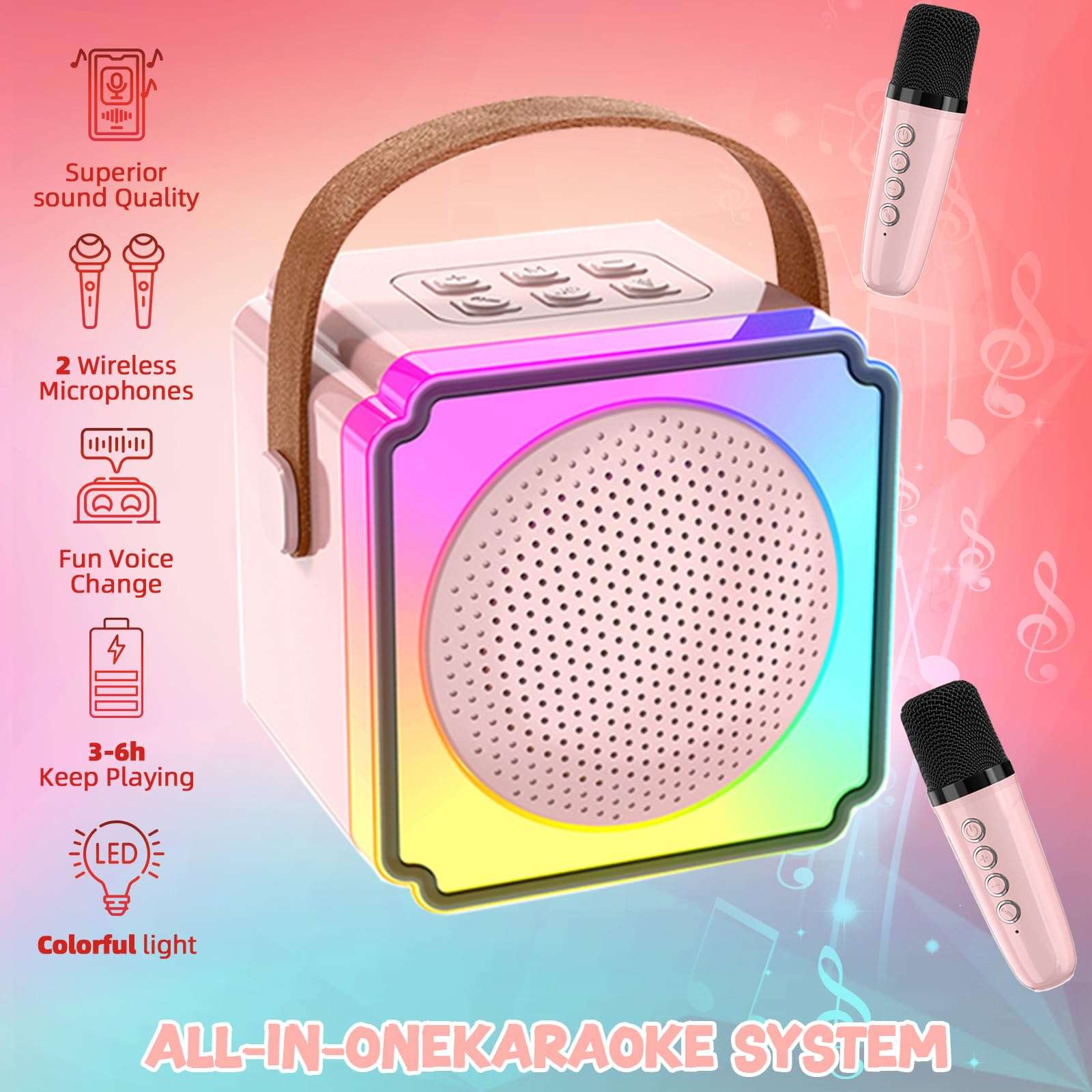 EFAILY Karaoke Machine for Kids, Christmas Birthday Gifts Toys Portable Bluetooth Speaker with 2 Wireless Microphones, Mini Karaoke Machine with LED Light for 4-12+ Years Old (Pink) 4