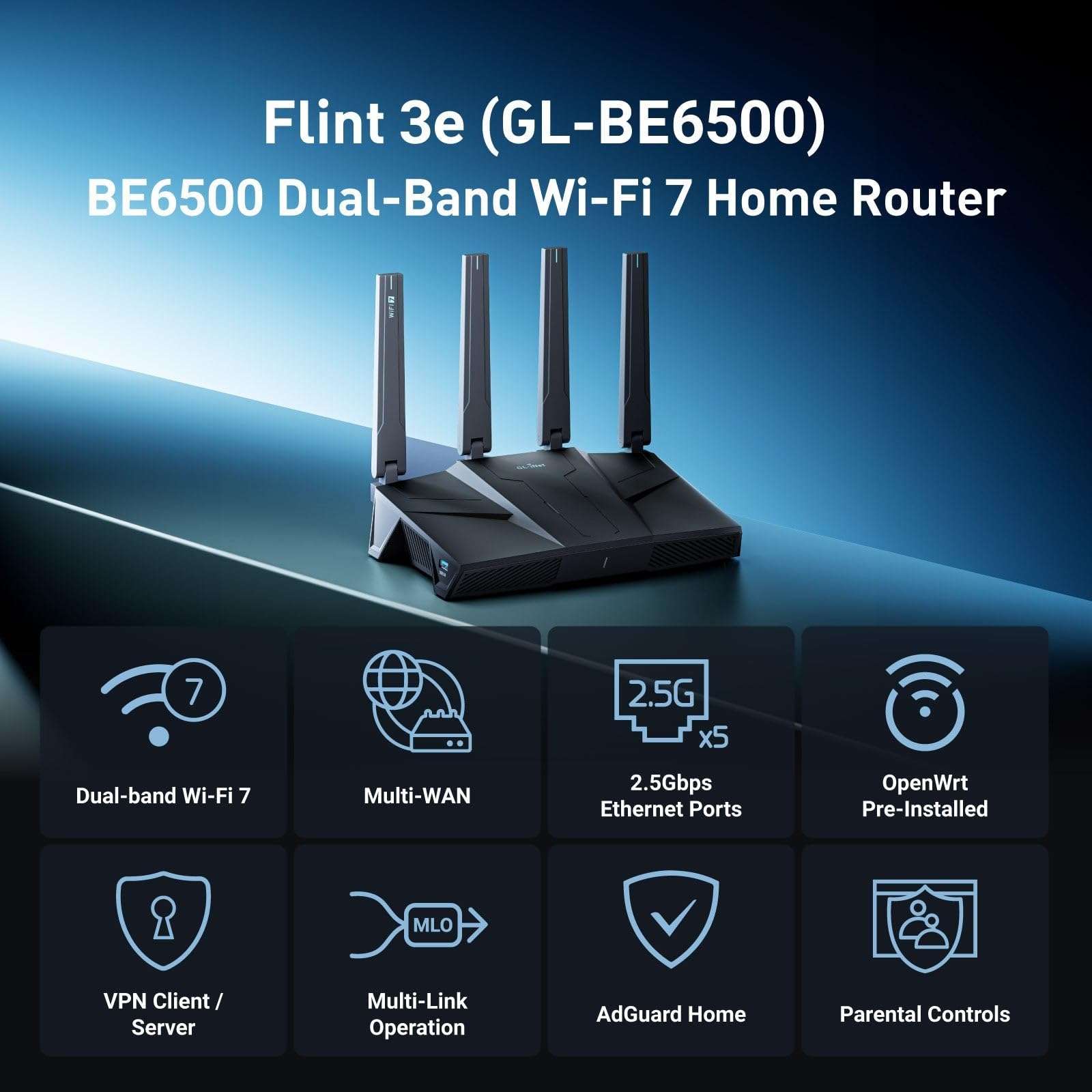 GL.iNet GL-BE6500 (Flint 3e) WiFi 7 Router, High-Speed WiFi Router for Wireless Internet w/VPN, 5 x 2.5G Ethernet Port for Fiber Optic Modem, Long Range Large Home, Business & Gaming Computer Routers 3