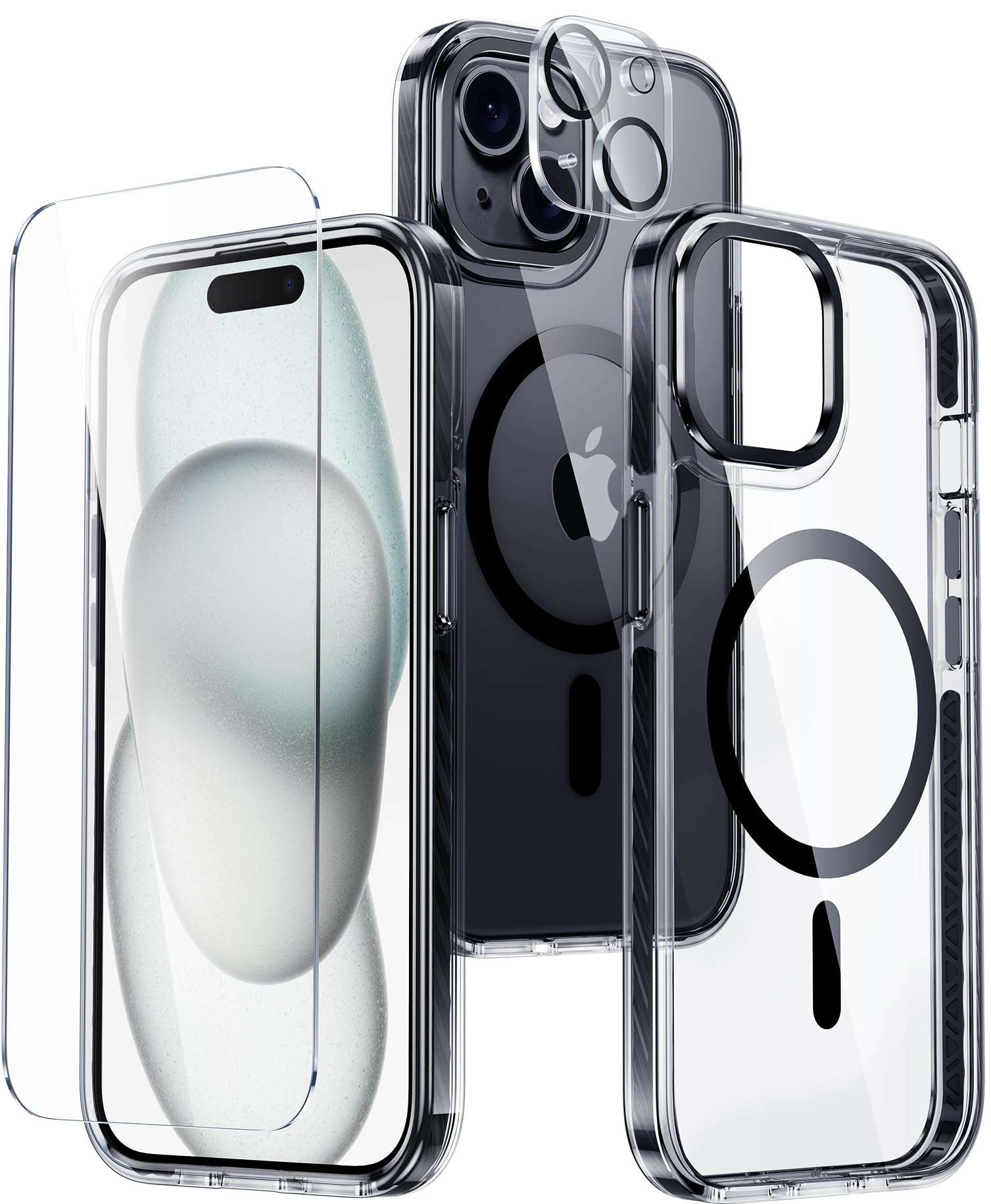 FNTCASE for iPhone 15 Plus Case: Clear Case with Magnetic Circle,Metal Button,Built-in Shockproof TPU,Military Grade Drop Protection Shell Durable Full Body Protective Cell Phone Cover - 6.7 inch 1