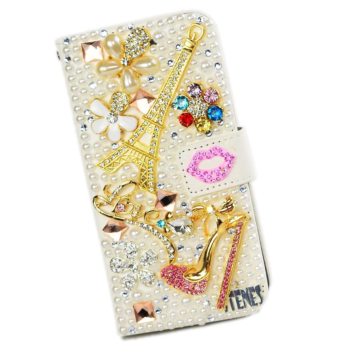 Fairy Art Crystal Wallet Case Compatible with iPhone 13 - Eiffel Tower High Heel - White - 3D Handmade Glitter Bling Leather Cover with Screen Protector & Beaded Phone Lanyard 3