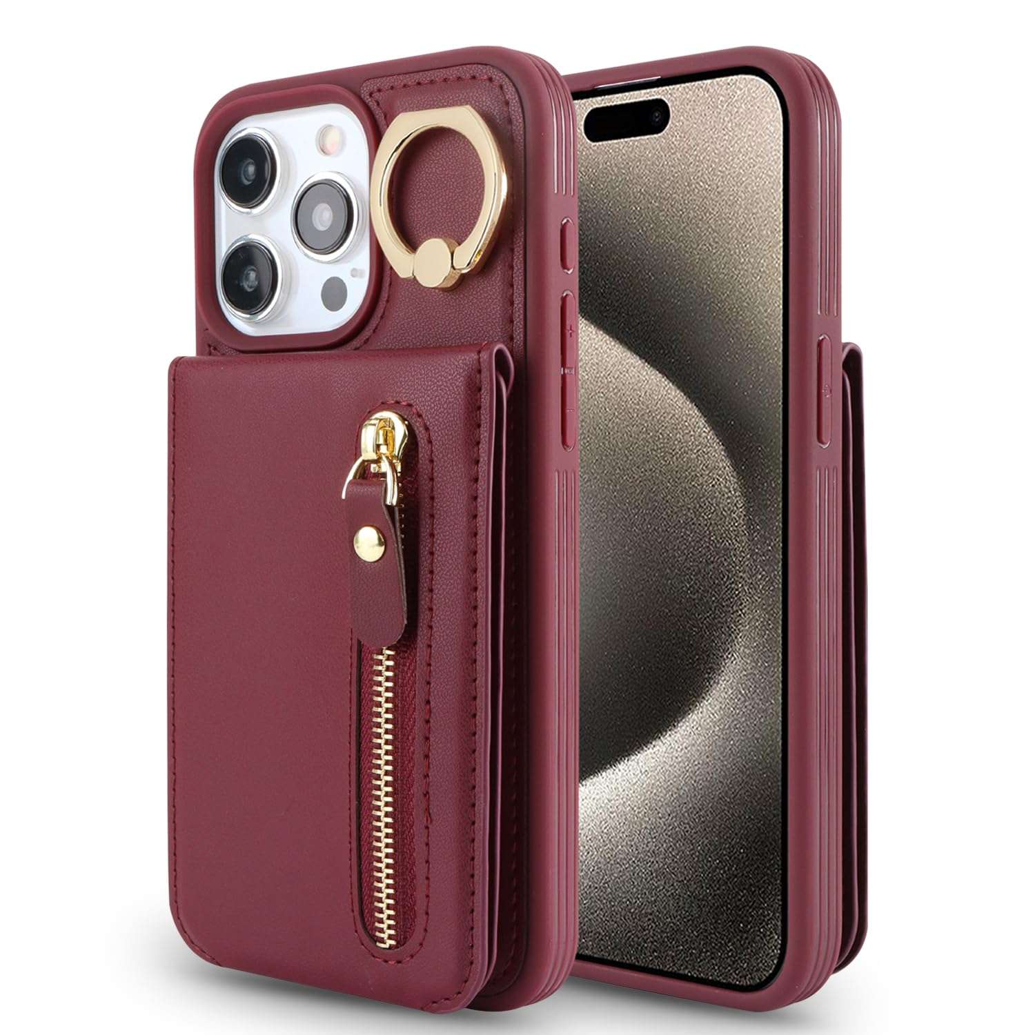 DEYHU for iPhone 14 pro Max Case with Card Holder for Women, for iPhone 14 pro Max Phone Case Wallet with Credit Card with Ring Kickstand Zipper Shockproof Slim Stand Case - Red Wine 4