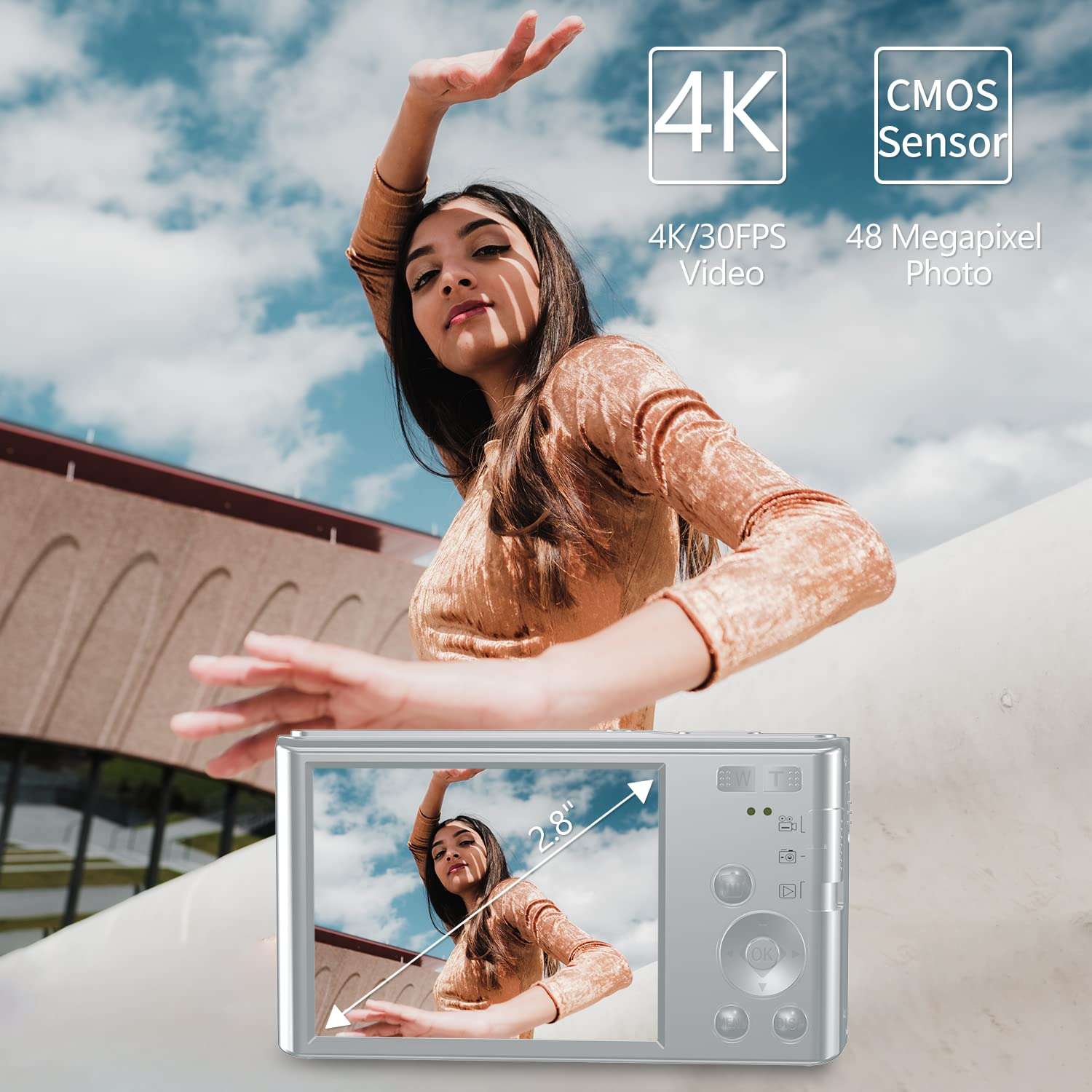 Digital Camera, Mini Camera with 2.8" Screen 16X Digital Zoom, VJIANGER 4K Vlogging Camera 48MP Pocket Camera for Kids Teens Aldults with 32GB SD Card & 2 Rechargeable Batteries & Tripod(DC6-4 Silver) 4