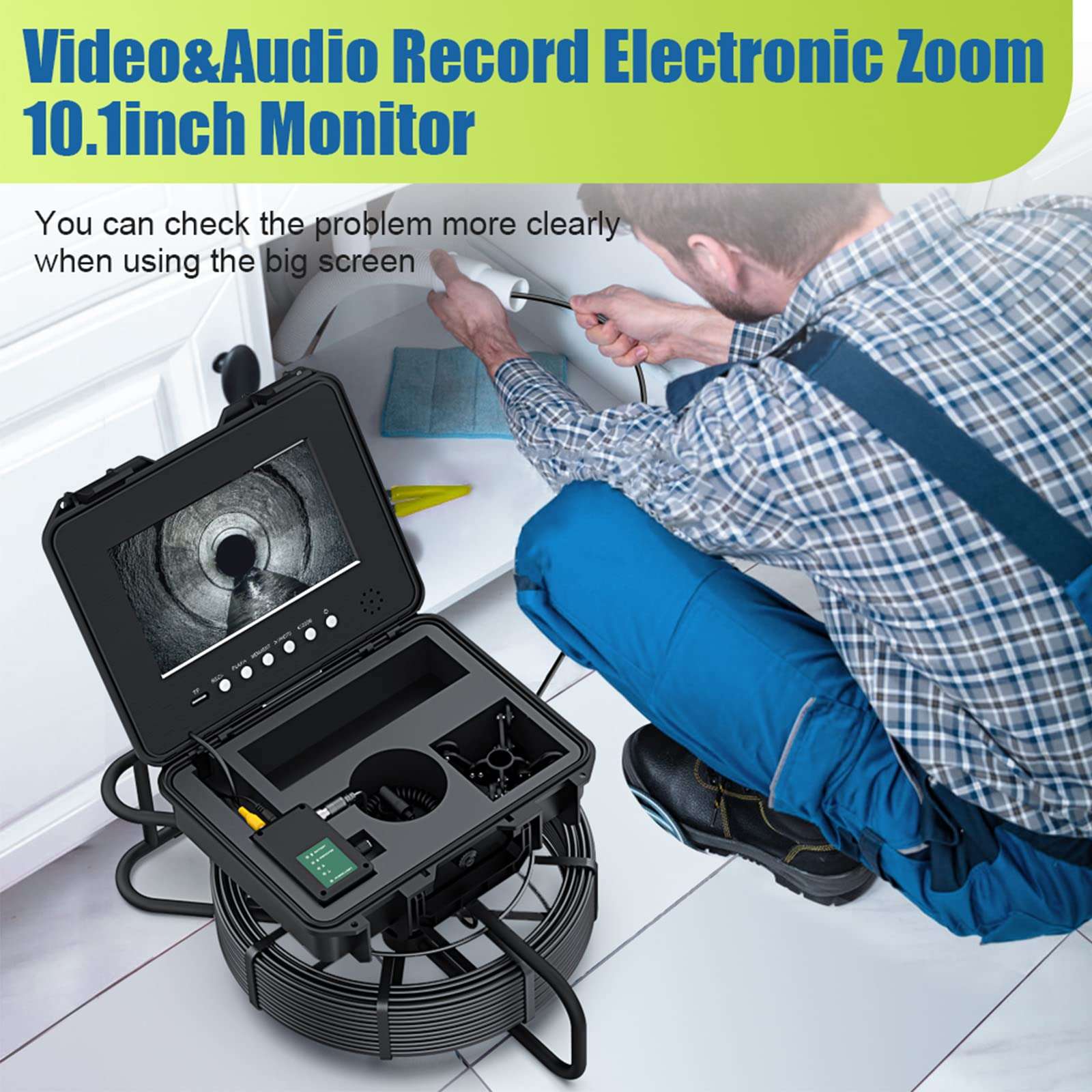 BAIYITONGDA Self Leveling Sewer Camera, Hardest Fiberglass Cable 0.28"/7mm, Self Leveling, 512 Hz Transmitter, IP68 Waterproof Pipe Drain Camera, 1080P 10.1'' IPS, DVR Recorder,20M 3