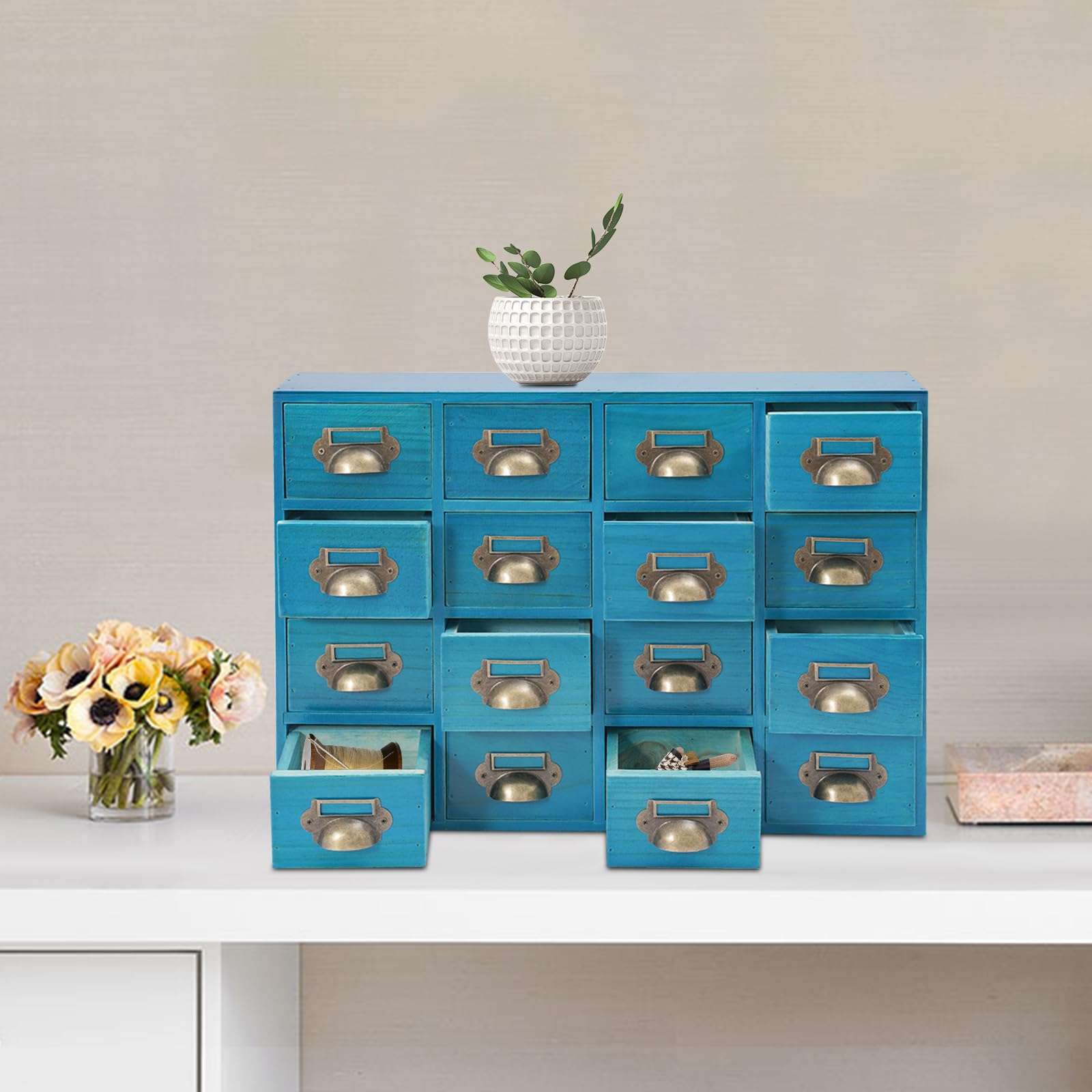 16-Drawer Wood Desk Organizer, Desktop Drawer Tabletop Storage Organization Box with Label Slot for Home Office Boutiques Pharmacies, No Assembly Required, 19.69 * 3.94 * 13.78in (Blue) 3