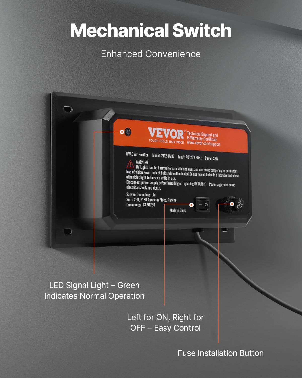 VEVOR HVAC Air Purifier Whole House, 36W 16inch, UV UVC Light in Duct for Ac (Air Conditioning) Duct, Air Scrubber with 1 Replacement Bulb, HVAC UV lights for Ac Systems 6