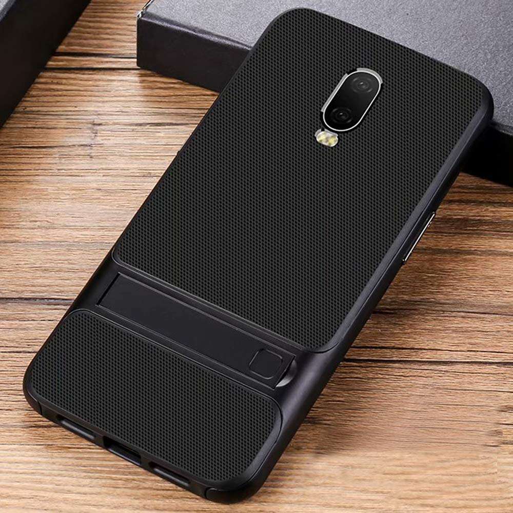 OnePlus 6T Case, Ranyi [2 Piece Carbon Fiber] [Kickstand Feature] [Shock Resistant] Premium Hybrid Hard Bumper + Matte Carbon Fiber Rubber 2 in 1 Case for OnePlus 6T Smartphone (Black) 2