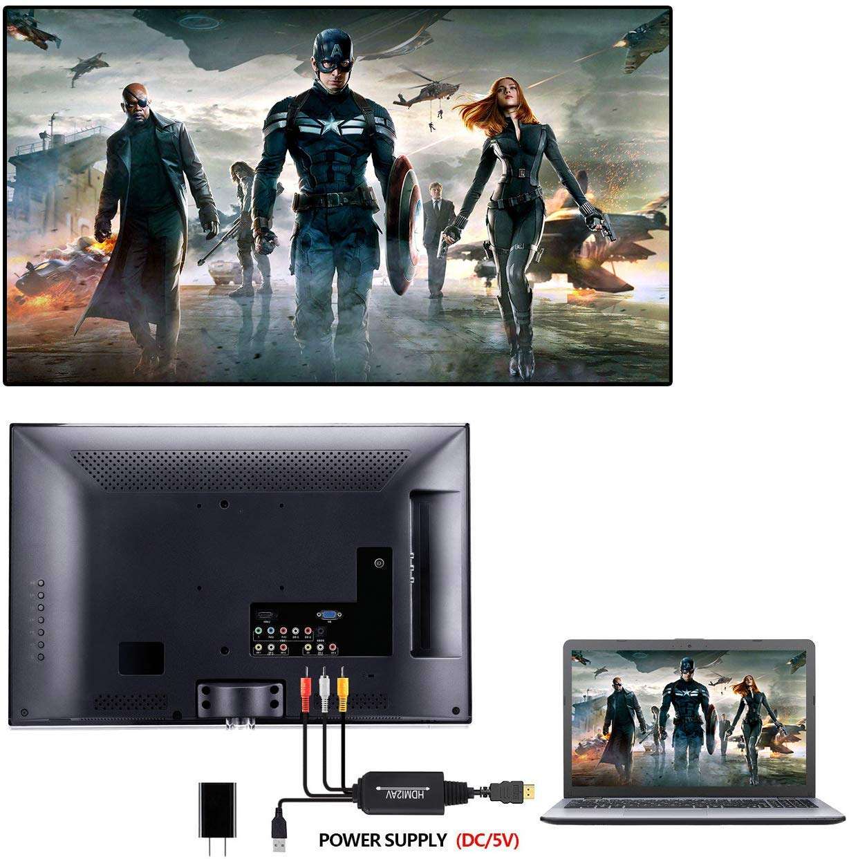 HDMI to RCA, HDMI to RCA Converter Cable, 1080P HDMI Converter to AV 3RCA CVBs Composite Video Audio Supports TV Stick, Roku, Chromecast, Apple TV, PC, Laptop, Xbox, HDTV, DVD 5