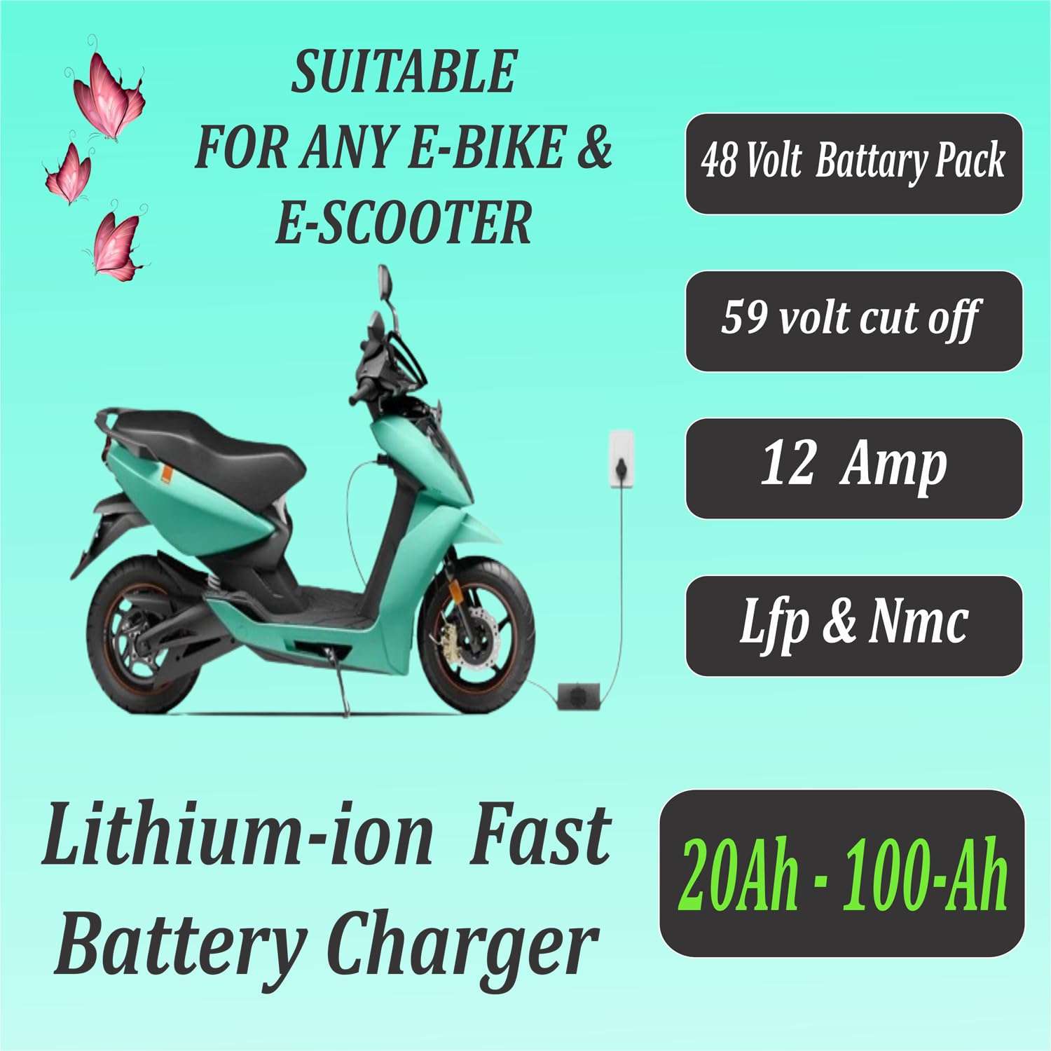 LZON Series 60V 12Amp Auto Cutoff 67.2v Lithium ion Fast Battery charger with Digital Display for Electric Scooter & Electric BIke Output XLR Type Connecter 3