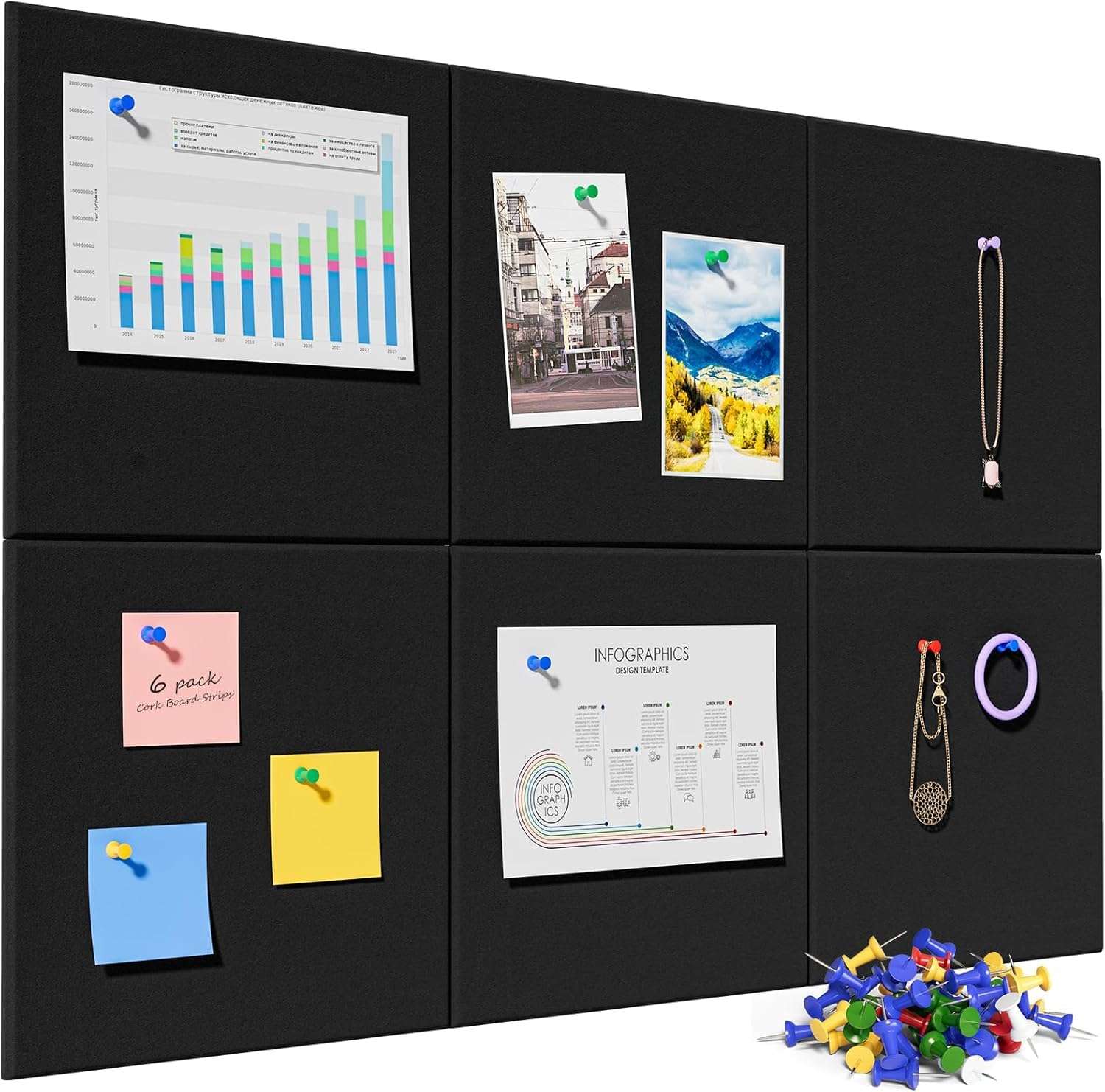 Fennec Mart Large Felt Bulletin Board 30x30cm Self-Adhesive Message Boards with 50 Pushpins, Decorative Felt Wall Tiles for Home, Office & School Notice Display (Black 4 Pcs) 1