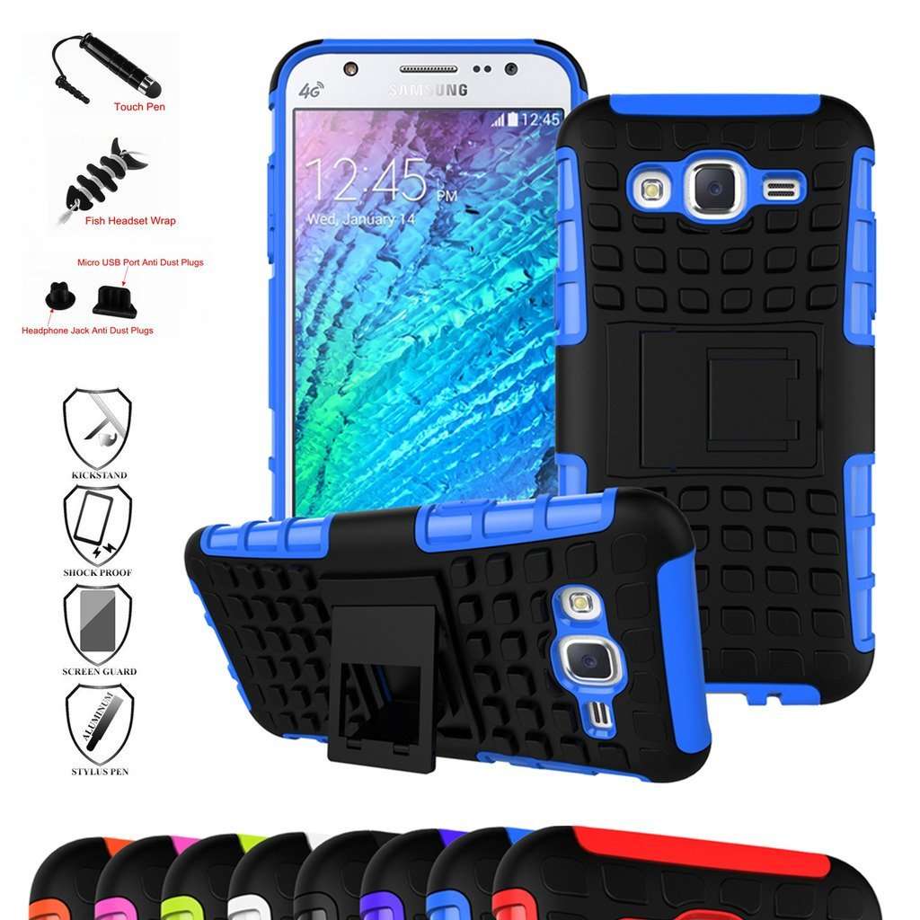 MAMA MOUTH Galaxy J5 2015 Case, Shockproof Heavy Duty Combo Hybrid Rugged Dual Layer Grip Cover with Kickstand for Samsung Galaxy J5 J500 2015(with 4 in 1 Packaged),Blue 1