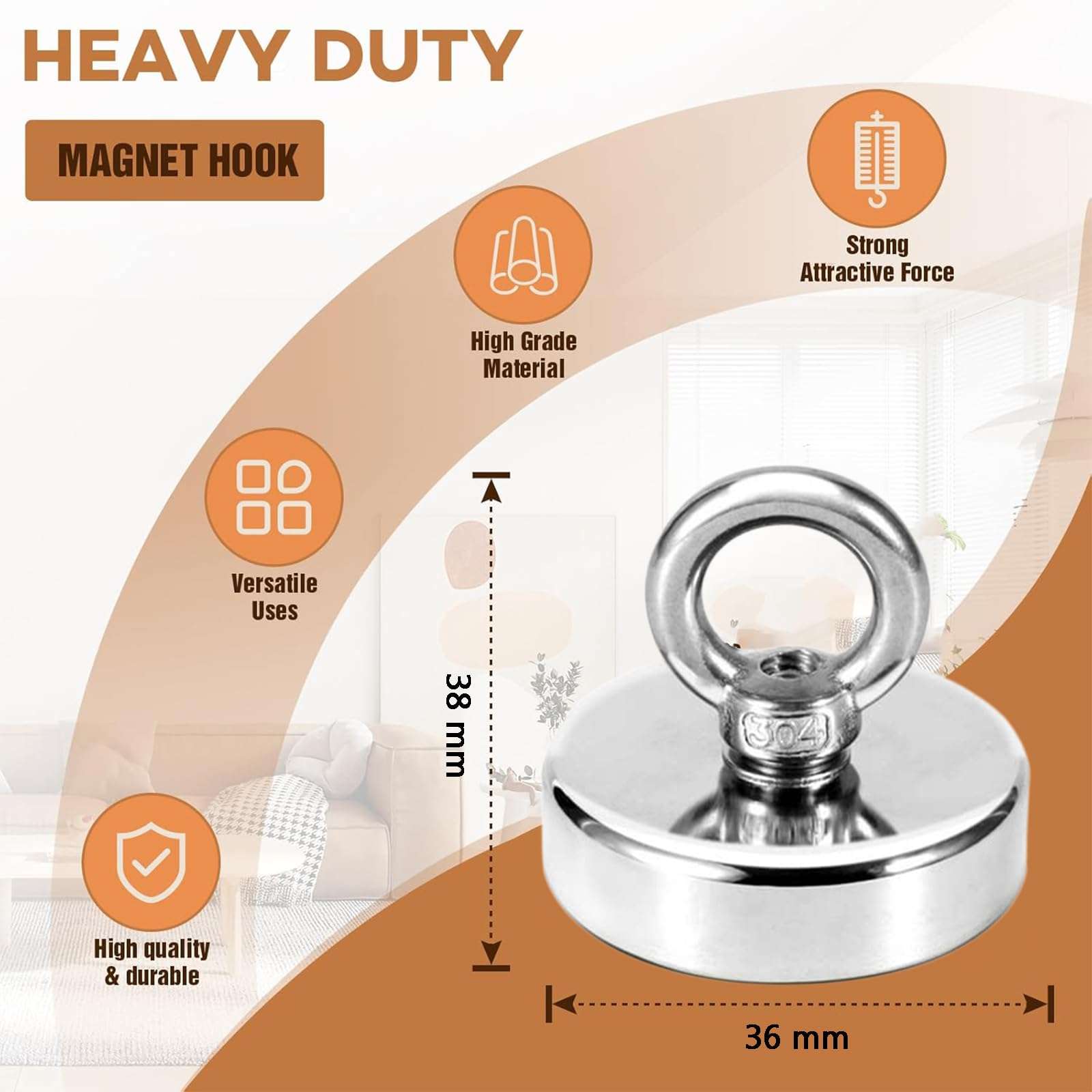 Strong Fishing Magnet,36 mm Strong Magnets Heavy Duty,39 Kgf Vertical Pulling Force Fishing Magnets with Eyebolt for Salvage Metal,Heavy Duty Hook for Ceiling 4