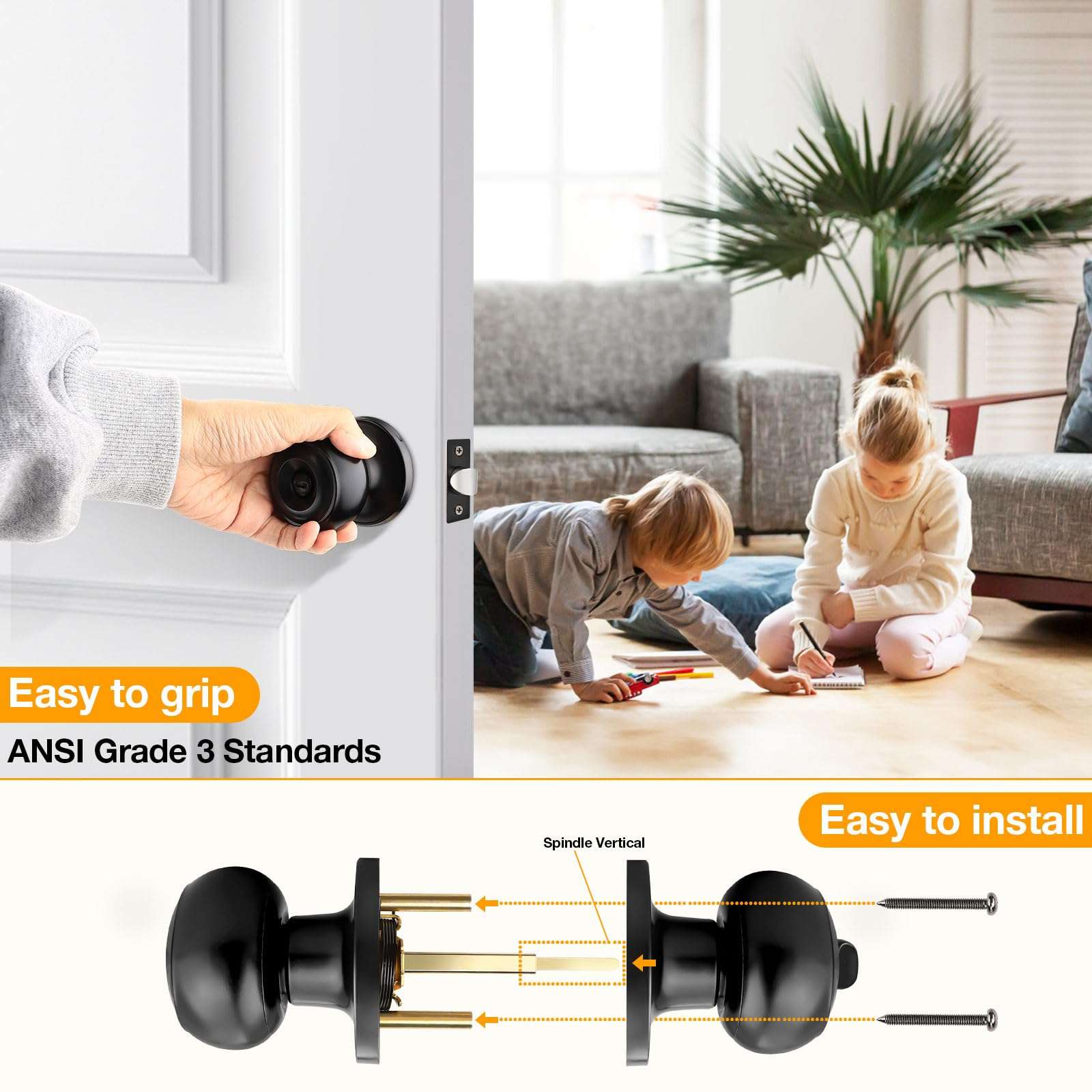 Black Matte Privacy Door Knobs for Bedroom/Bathroom/Interior Doors, Thumb Turn Locking Inside for Privacy Use, No Key, 10Pack, Flat Ball Shape 5