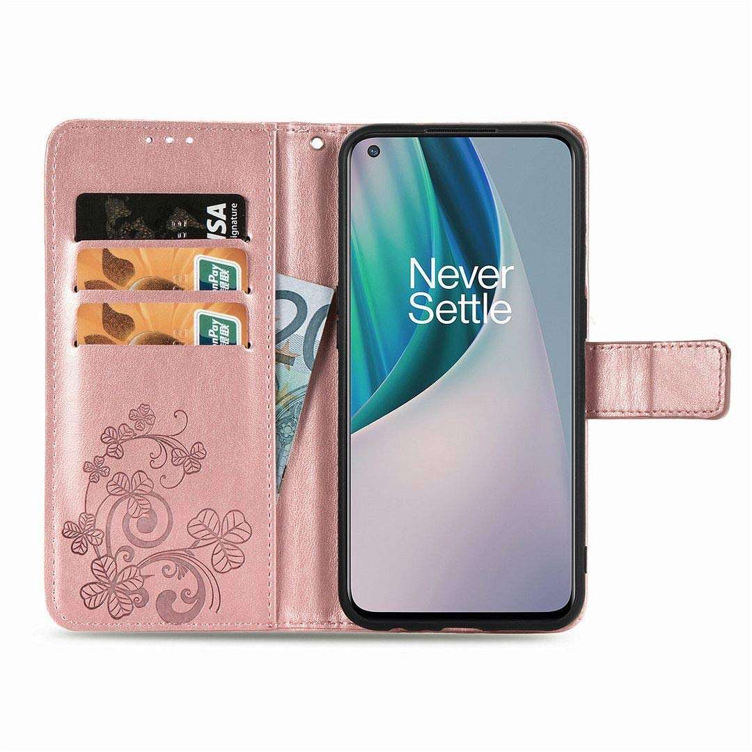 SATURCASE Case for OnePlus Nord N10 5G, Lucky Clover PU Leather Flip Magnet Wallet Stand Card Slots Protective Cover with Hand Strap for OnePlus Nord N10 5G (Rose Gold) 2