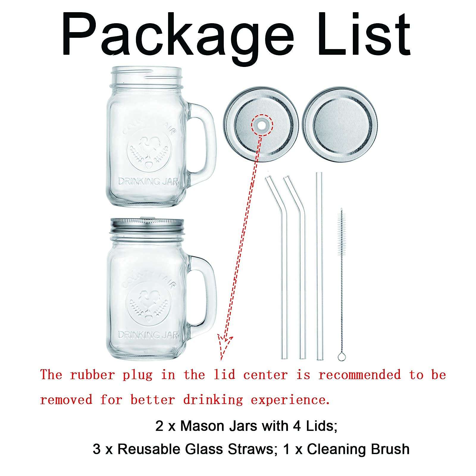 2PCS Mason Jar Lids 17OZ Straw Hole with 3 Reusable Glass Straw, 1 Cleaning Brush Mason Jar Drinking Lids and Straw Boba Cups Coffee Mug Wide Mouth Mason Jars 5