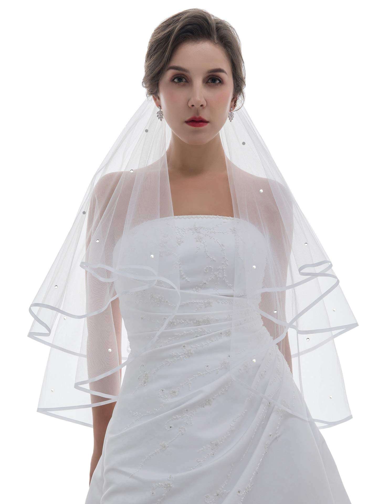 SAMKY 2T 2 Tier 1/4" Ribbon Crystal Circular Veil - Light Ivory Fingertip Length 36" V531 1