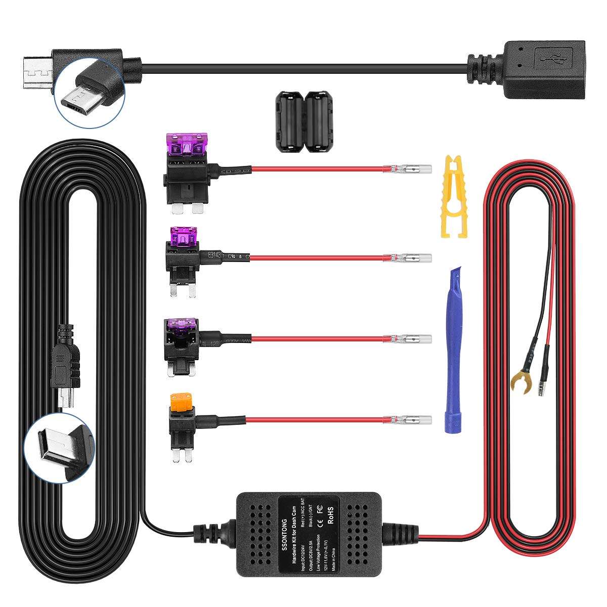 Dash Cam Hardwire Kit, Mini/Micro USB Hard Wire Kit 12V-24V to 5V Hardwire Kit with Low Voltage Protection 13ft Car Dash Camera Charger Power Cord for Dashcam GPS Power Supply Radar Detectors and More 1