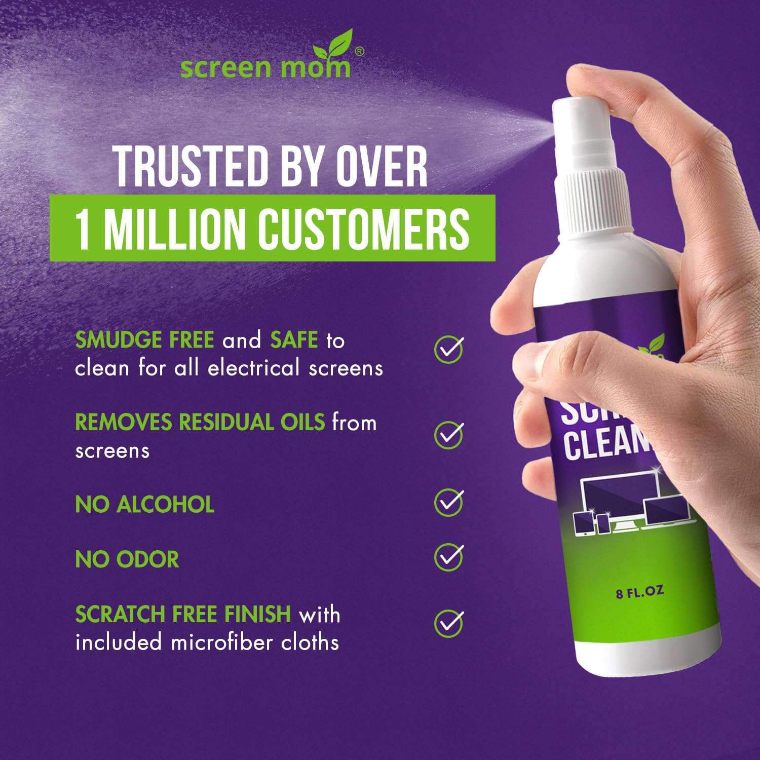 Screen Mom Screen Cleaner Spray and Microfiber Cloth 8oz Screen Cleaner Spray and Wipe for TV, Laptop, Computer, Phone, iPad, Car Screen Cleaning Kit Electronic Cleaner Spray 4