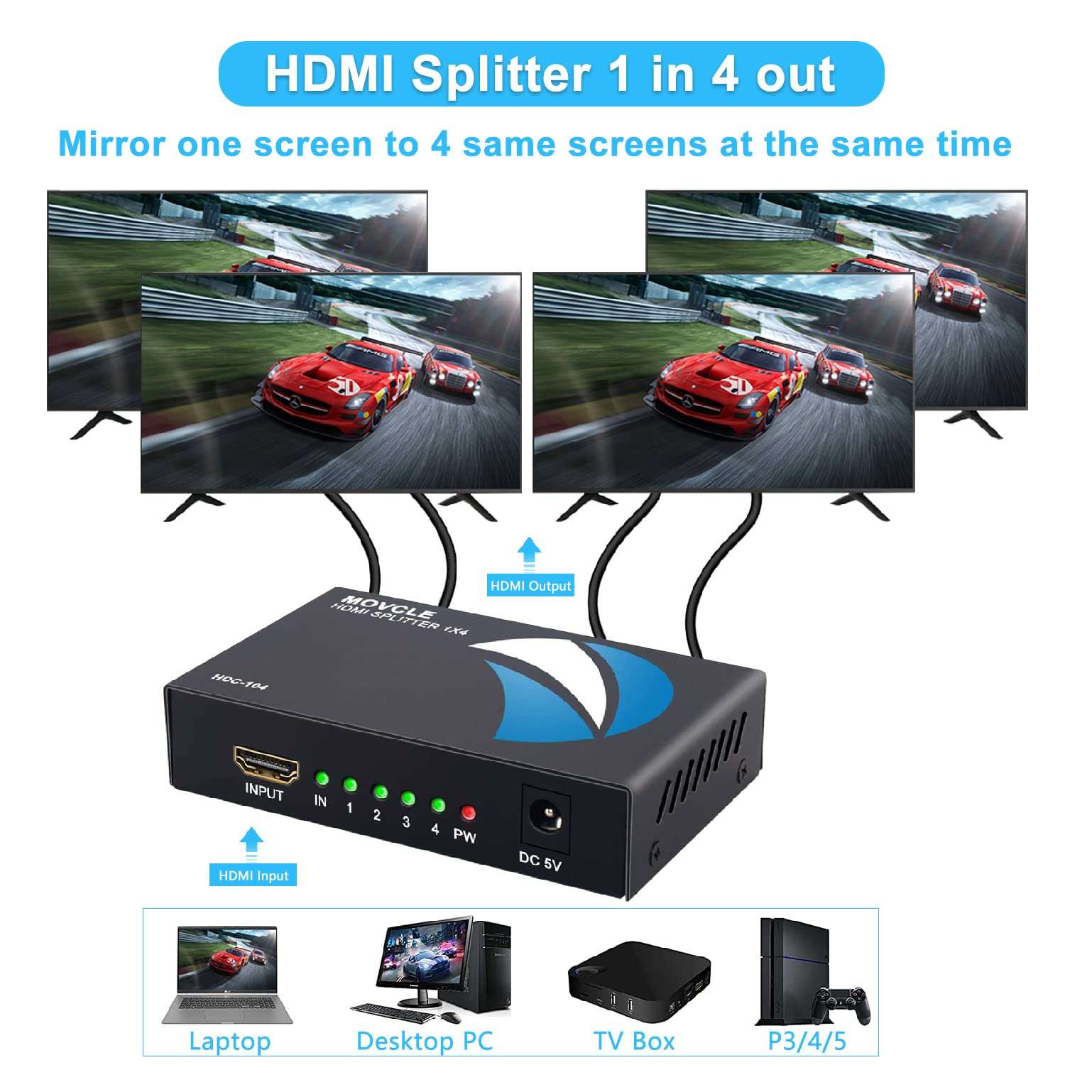 Movcle HDMI Splitter 1 in 4 out Full Ultra HD 1080P 4K/2K 1X4 Port Box Hub with US Adapter v1.4 Powered Certified for 3D Support 2
