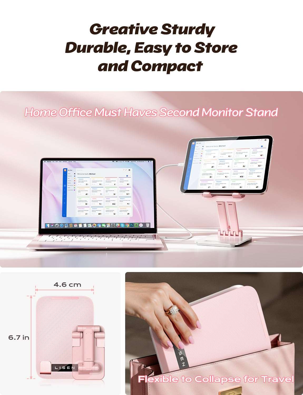 LISEN Pink Desk Accessories for iPad Office Supplies Desk Decor for Women Gifts, for Him Tablet Stand Vanity Accessories Video Face Time Free Hands for ipad Switch 4