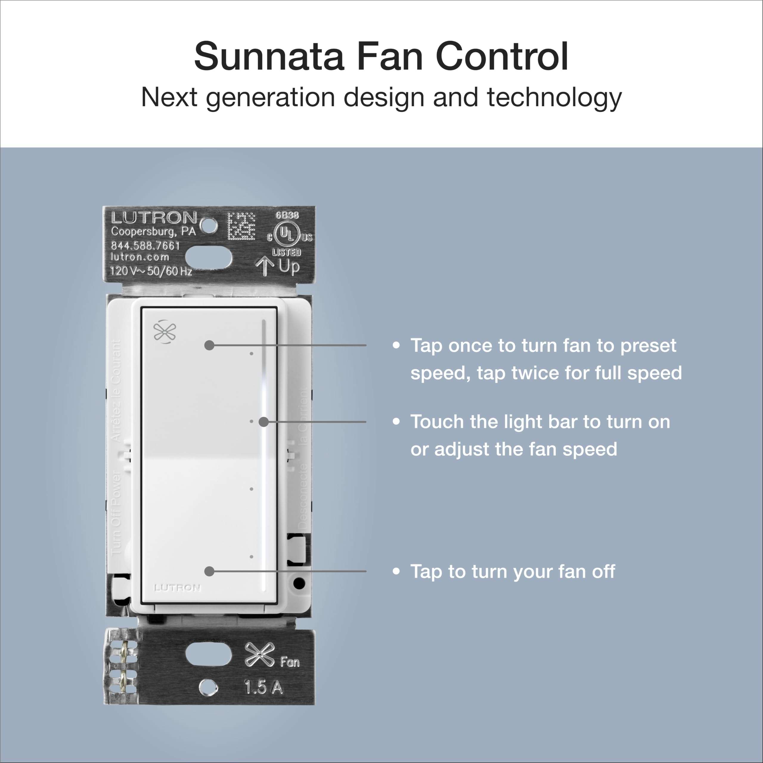 Lutron Sunnata Touch Fan Control, 4-Speed, 1.5 Amp/Single-Pole, Neutral Required, ST-FSQ-N-WH, White 6