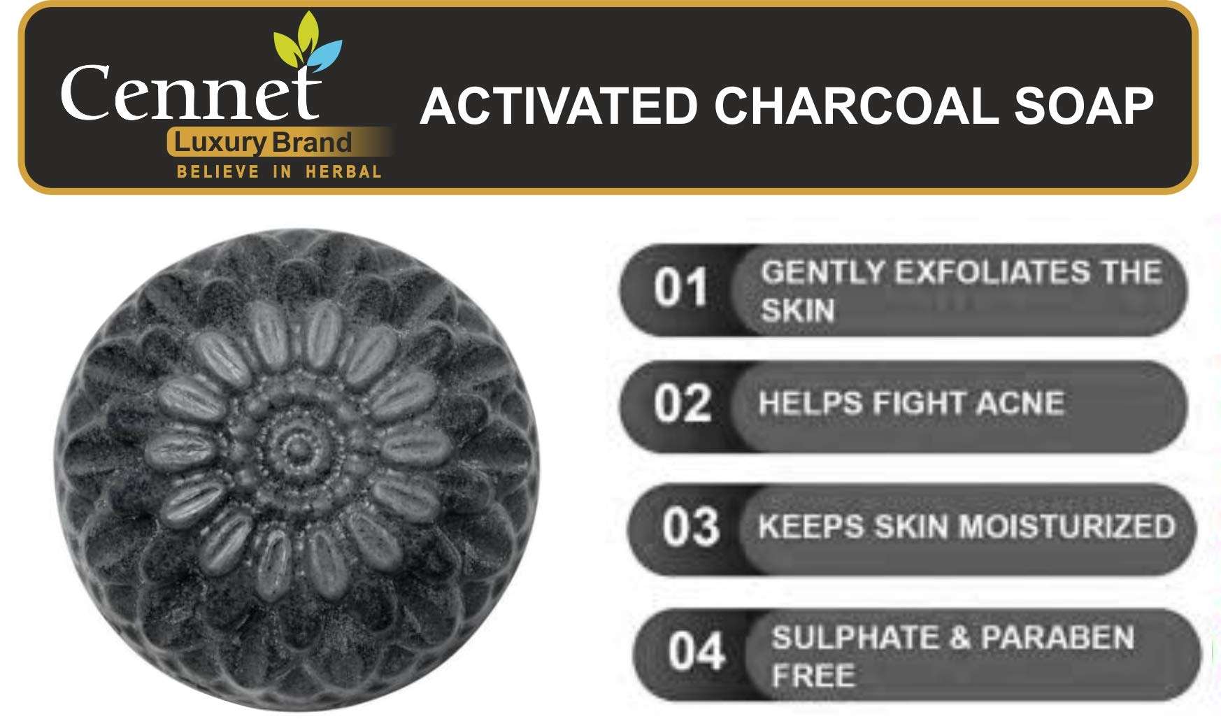 Cennet Activated Charcoal Soap For Women Skin Whitening, Acne, Blackheads, Anti Wrinkle, Pimple Skin Care Soap.( Pack Of 4 ) 4 X 100 g. 6