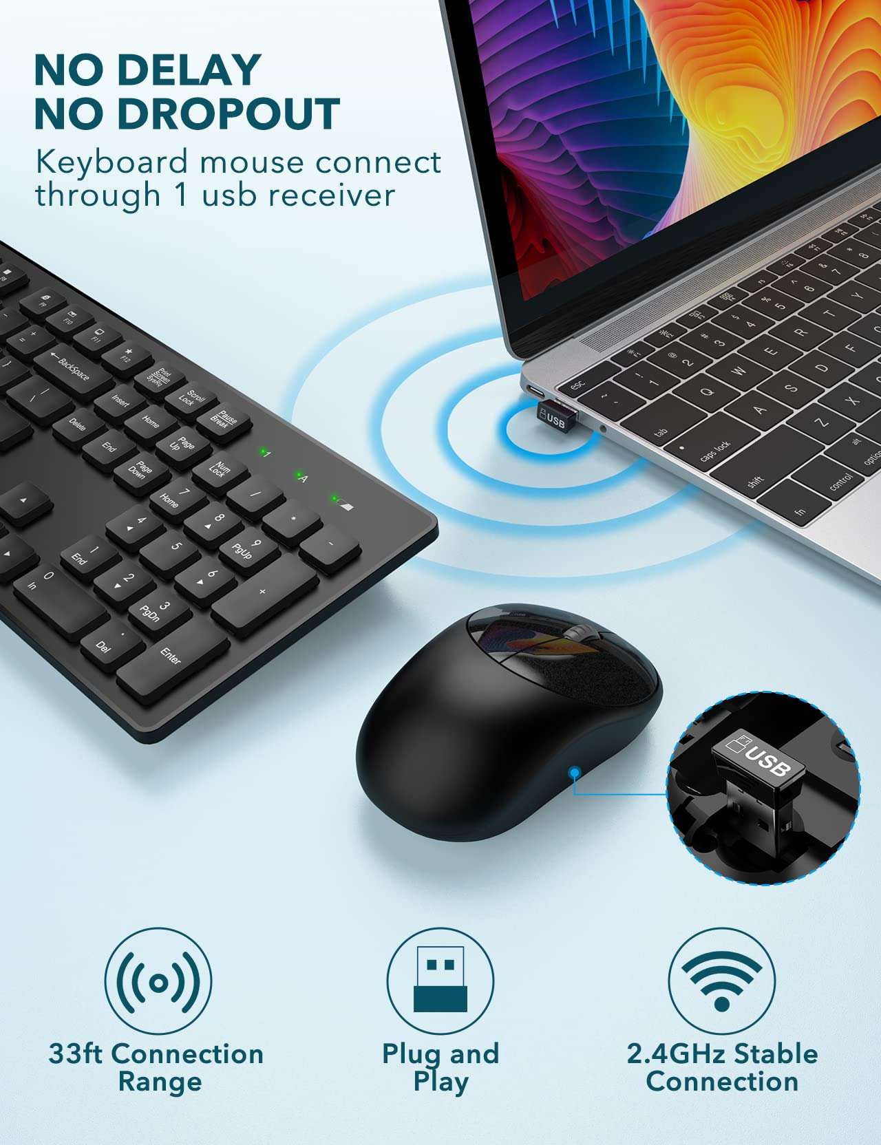 Wireless Keyboard and Mouse, WisFox Full-Size Wireless Mouse and Keyboard Combo, 2.4GHz Silent USB Keyboard Mouse Combo for PC Desktops Computer (Black) 2