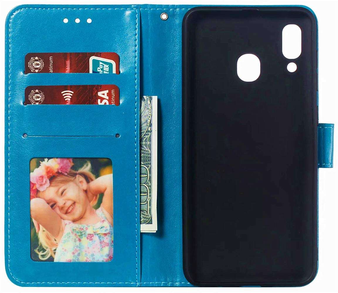 MEUPZZK Samsung A20 Case, Samsung Galaxy A30 Wallet Case, Embossed Mandala Premium PU Leather [Folio Flip] [Kickstand] [Card Slots] [Wrist Strap] [6.4 inch] Cover for Samsung A20/A30 (H-Blue) 5