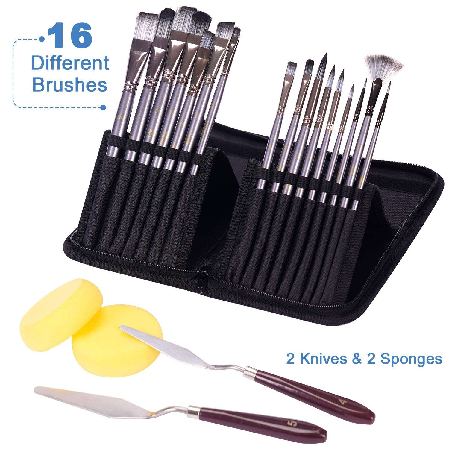 Acrylic Paint Set, 48 Piece Professional Painting Supplies Set, Includes 24 Color Acrylic Paints, 16 Art Painting Brushes with Zippered Case, Paint Knife, Art Sponge and 3 8" x 10" Canvas for Artists 4