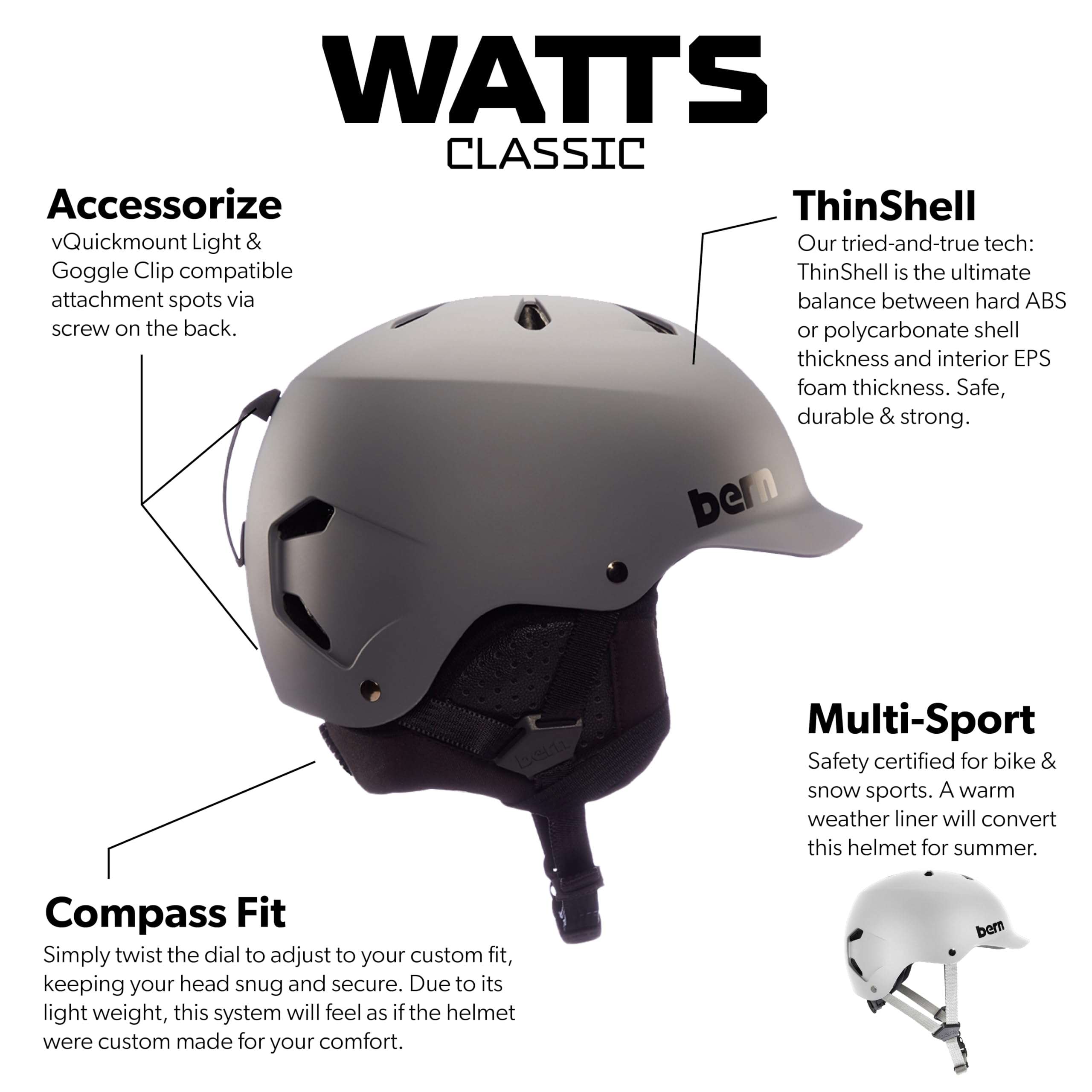 Bern Watts Classic Snowboard Helmet for Men and Women, EPS, All-Season, Matte Black, Medium 4