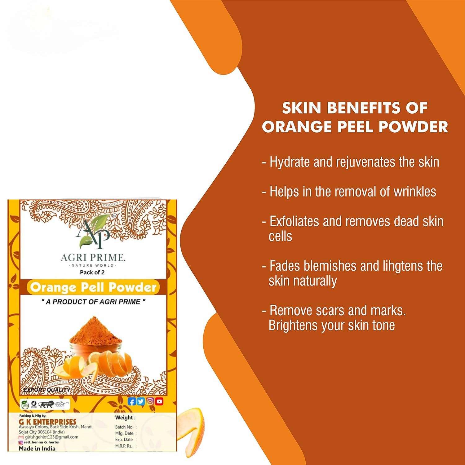 Orange Peel Powder - A Premium Product by Agri Prime 50 Gram Pack Of 2 5