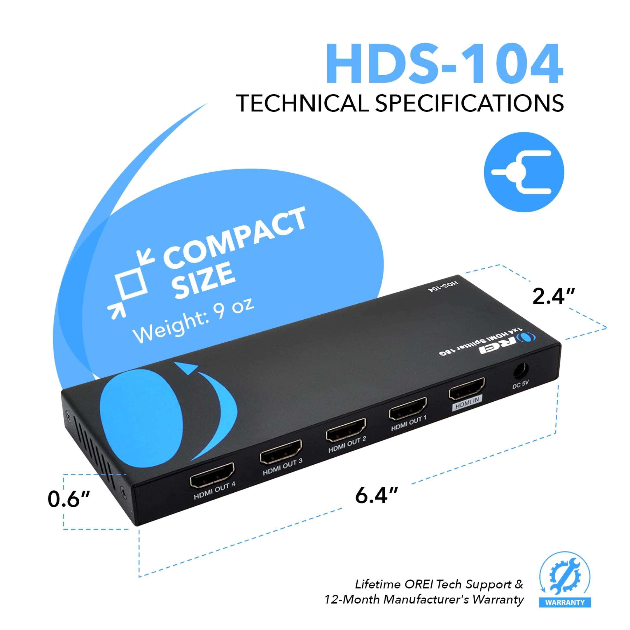 OREI HDMI Splitter 1 in 4 Out – 4K@60Hz HDMI 2.0 Splitter with HDCP 2.2, EDID Management, and LPCM/Dolby/DTS Audio Support – Compact Plug & Play Design 2
