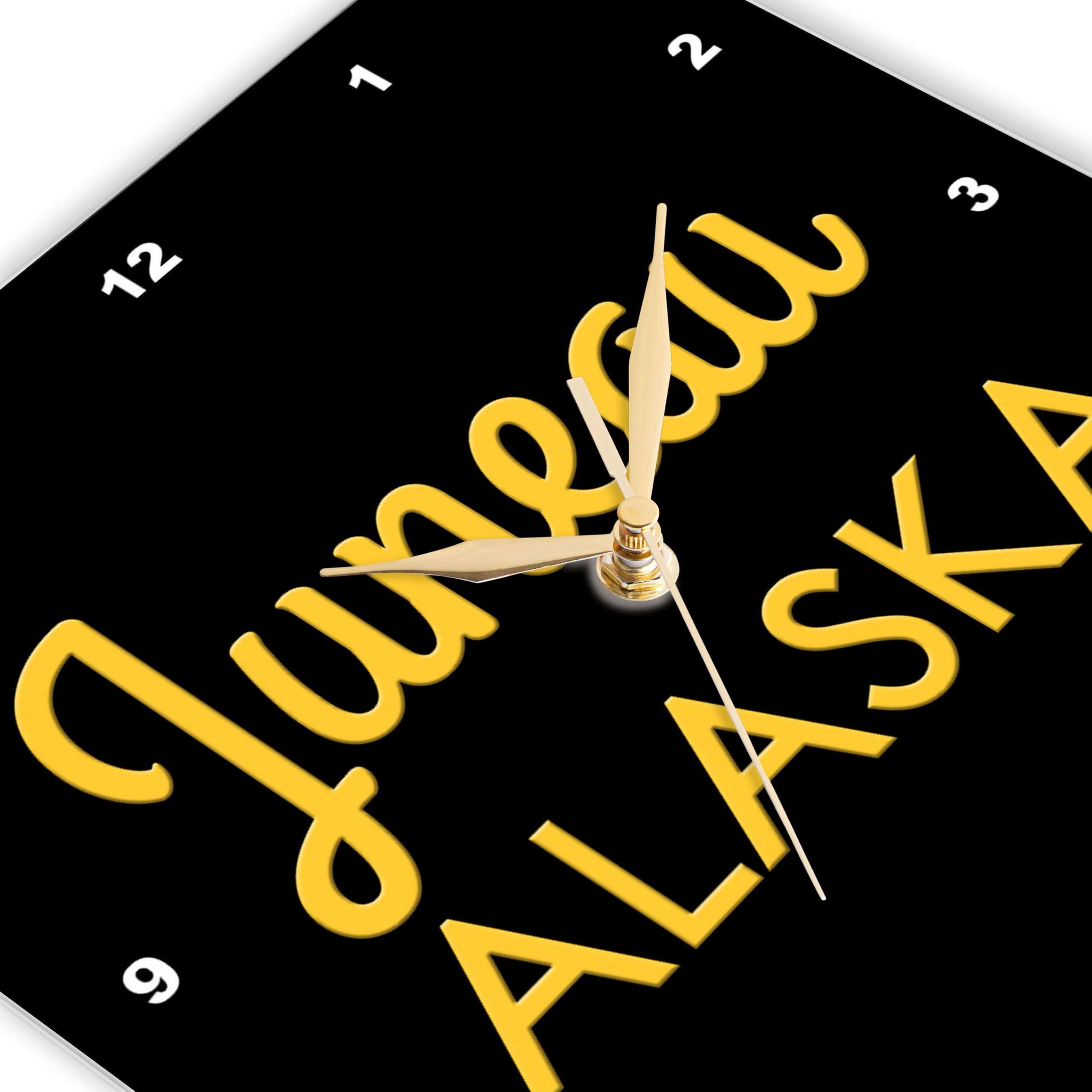 3dRose Wall Clock Silent - 13 inch - Juneau, Alaska State. United States Patriot Home Town Talisman - Alexis Design - American Cities Yellow on Black 4