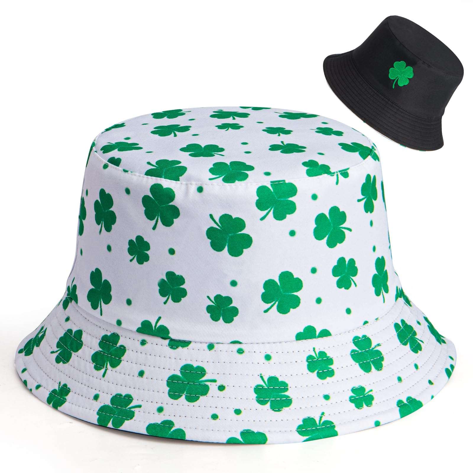 St Patricks Day Bucket Hat Embroidery Lucky Charm Clover Fisherman Hat Double-Side Outdoor Reversible Cap for Men Women Adults 3