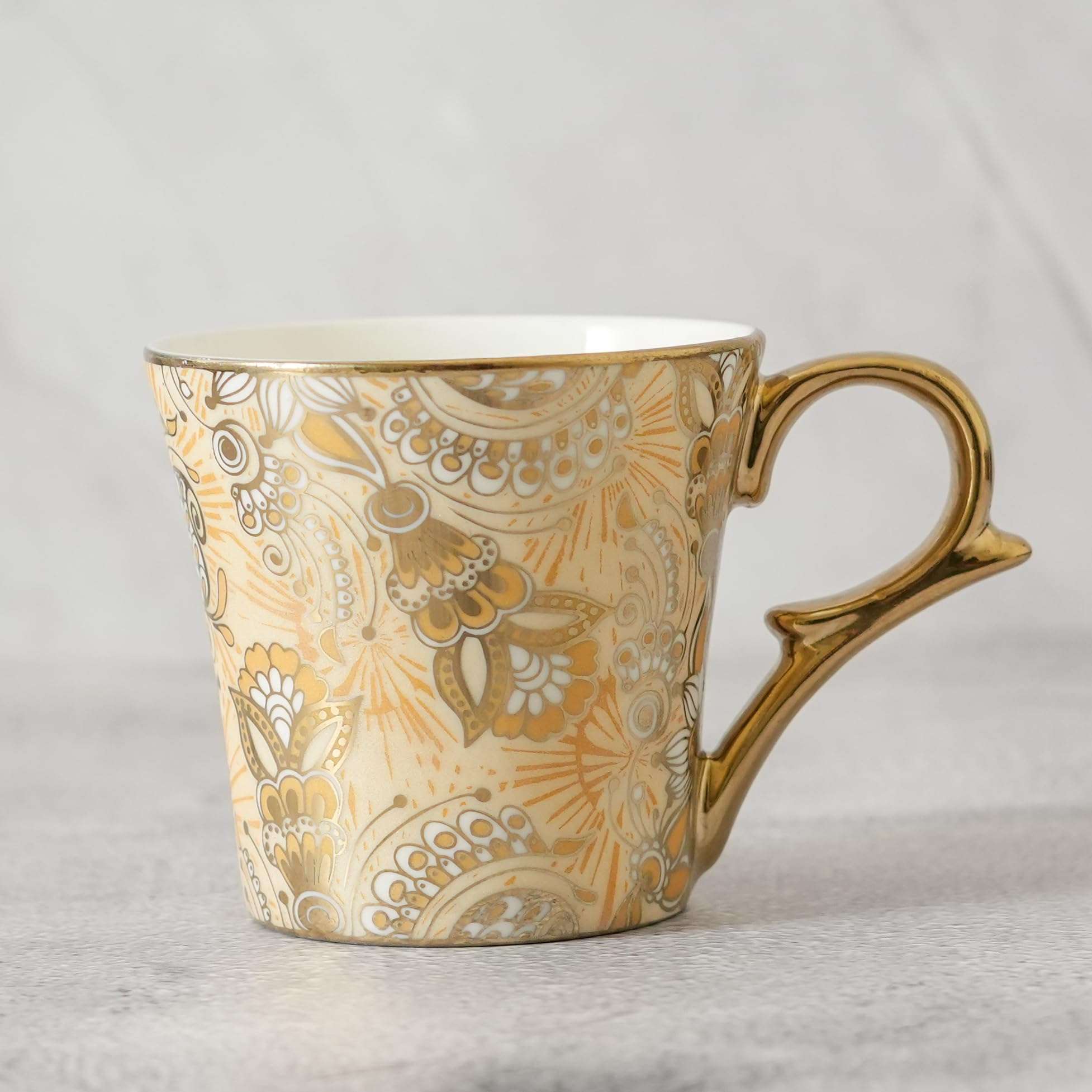 Femora Bridal Mahendi Gold Print Ceramic Tea and Coffee Mugs, (180 ml, Golden) - 6 Pcs Set (NOT Microwave Safe) 6