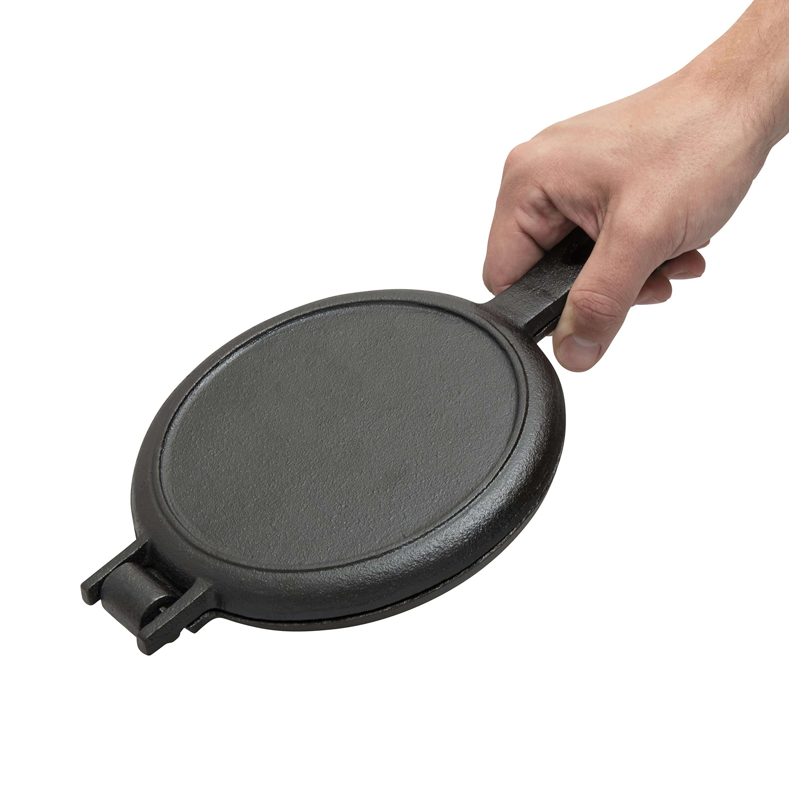 Cast Iron Waffle Maker - 6.8" Stovetop Waffle Iron Cookware, Portable Camping Breakfast Pan - Complete with Silicone Brush and Grabber 6
