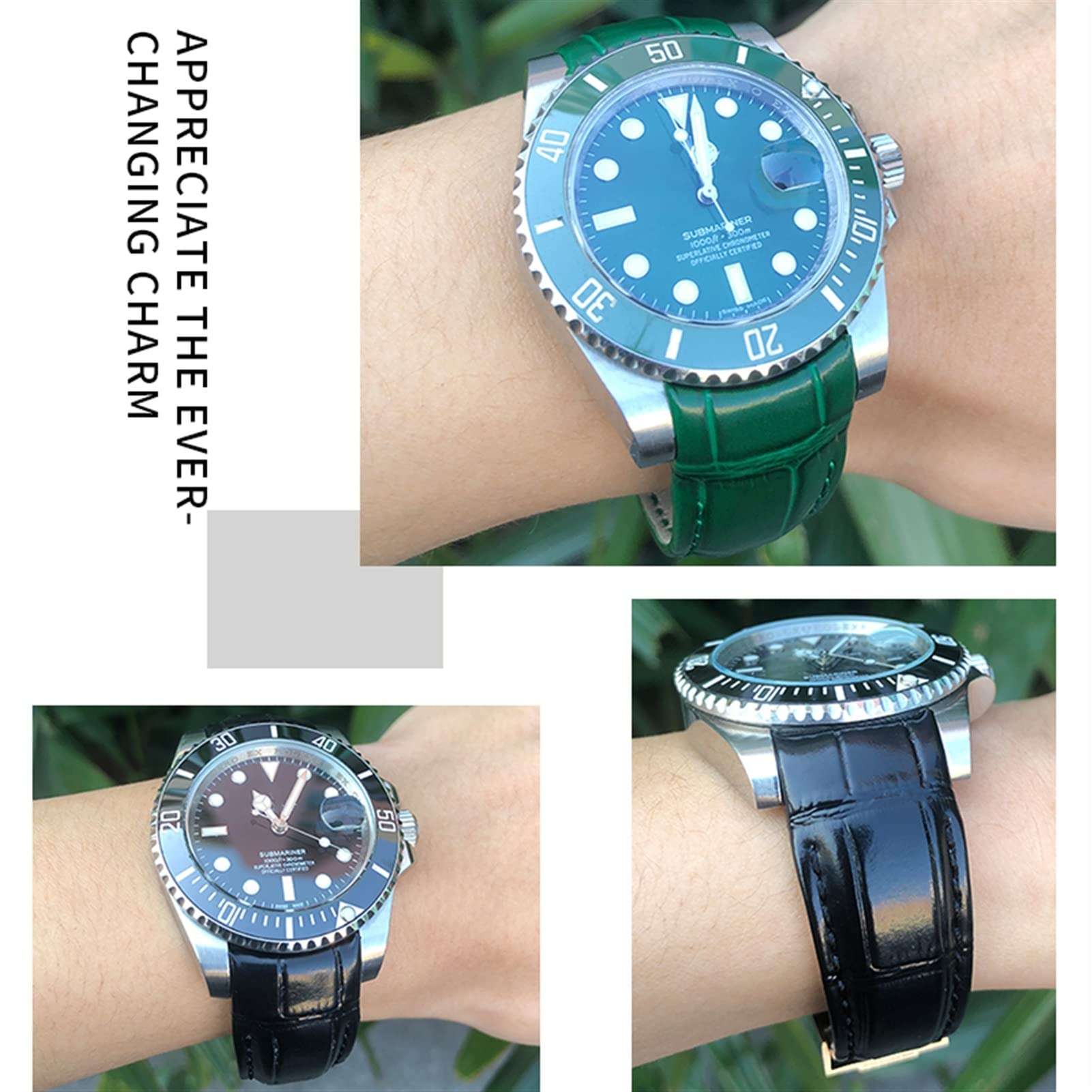 ANKANG Curved End Genuine Leather 20mm Slide Lock Buckle Watchband for Rolex GMT Submariner Hulk Oyster Watch Strap (Color : Black, Size : 20mm RLX) 5