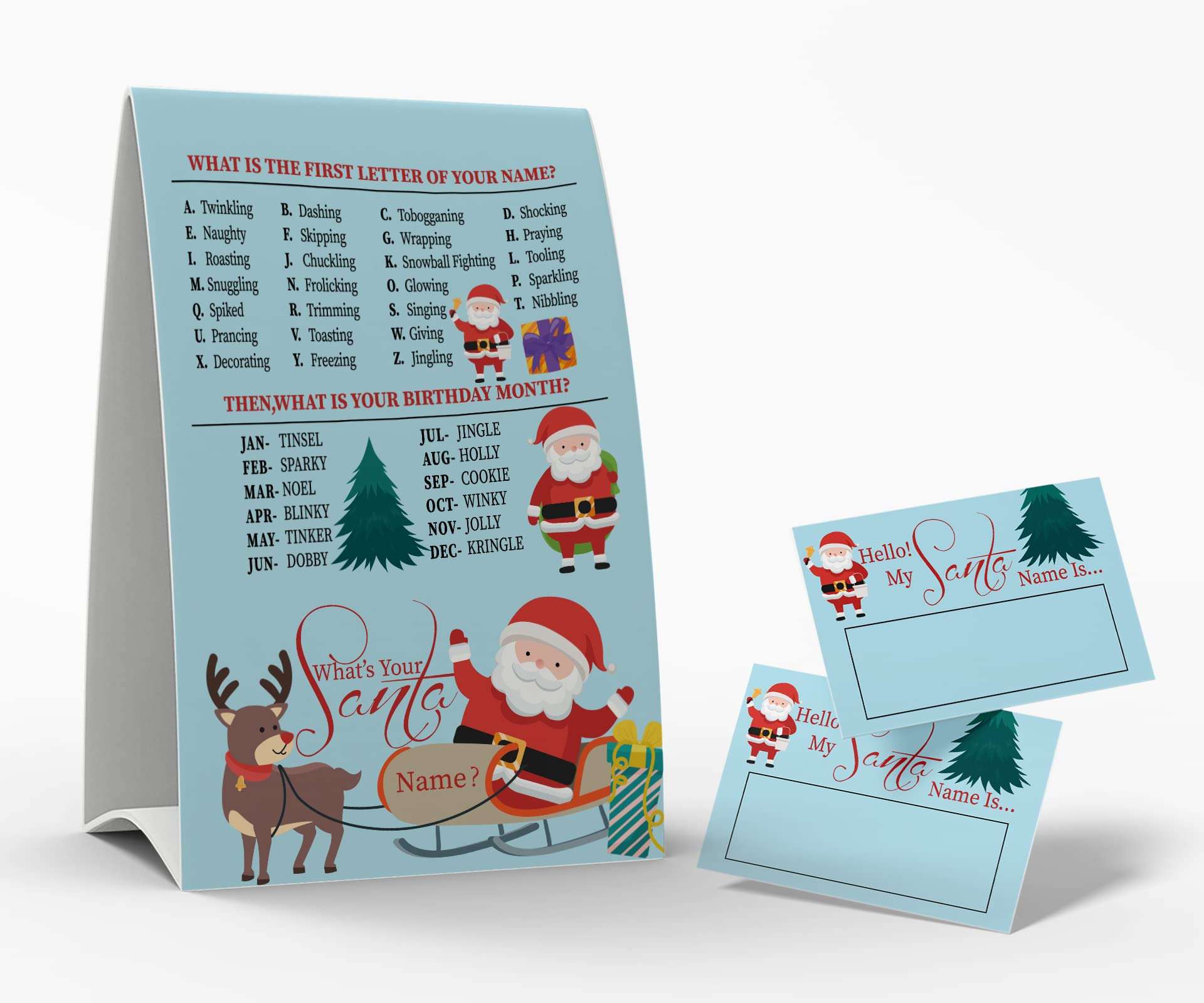 What's Your Santa Name Game, 1 Santa Theme Sign and 50 Name Tag Stickers, Christmas Party Games, Birthday Game for Kids and Adult Parties, Activity Game for Office or Class | JRKP059L 1