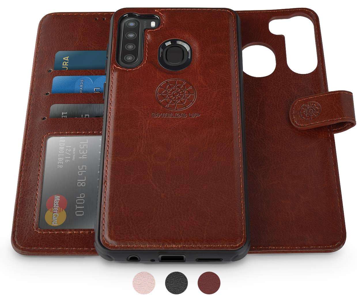 Shields Up Galaxy A21 Wallet Case, [Detachable] Magnetic Wallet Case, Durable and Slim, Lightweight with Card/Cash Slots, Wrist Strap, [Vegan Leather] Cover for Samsung Galaxy A21 -Brown 1