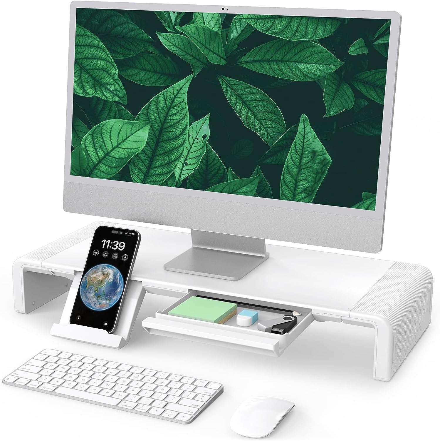 PIKFOS Folding Monitor Stand Riser, Computer Monitor Stand with Adjustable Width, Compatible with iMac, Printer, Laptop with Storage Drawer, Tablet & Mobile Phone Stand Holder, White 1