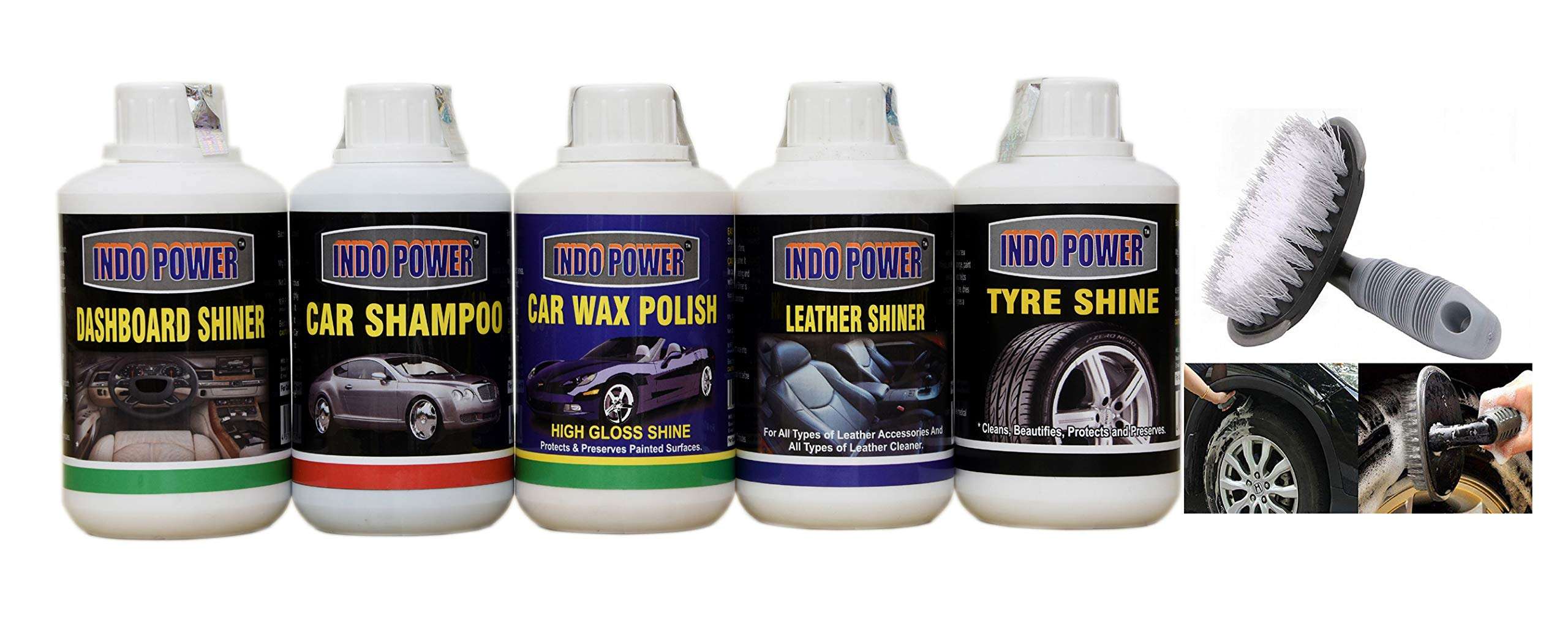 INDOPOWER® R875-CAR WAX POLISH 250ml.+ DASHBOARD SHINER 250ml.+ TYRE SHINER 250ml.+ LEATHER SHINER 250ml.+CAR SHAMPOO 250ml.+All Tyre Cleaning Brush 1