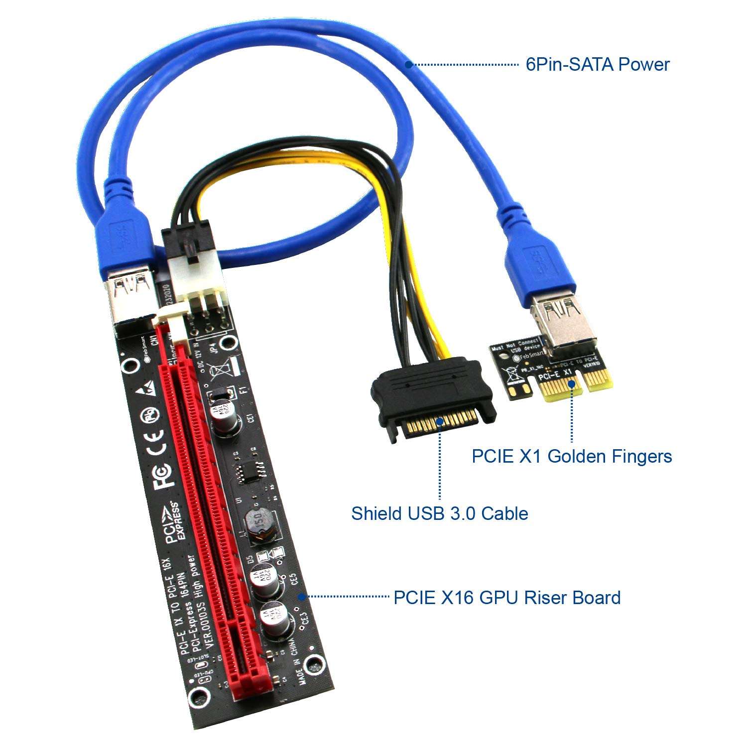 PCIE Riser Cable VER006C,GPU Risers for Mining Rigs,GPU Extension Cable,GPU Crypto Currency Mining Cable with 6Pin-SATA Power Cable and 23.6in Extension Cable,Extend PCIE X1 to PCIE X16(PCE-VER006C) 2