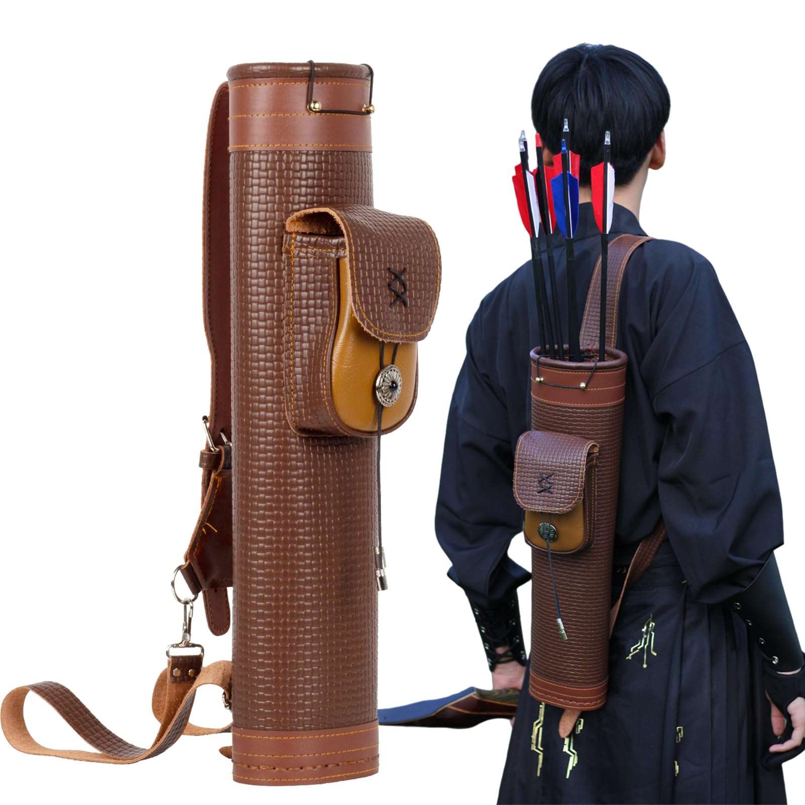 SOPOGER Arrow Quiver Arrow Holder - Handmade Traditional Leather Quiver with Adjustable Strap and Pocket, Archery Shoulder Back Quiver for Arrows Cosplay Bow and Arrow Accessories 1