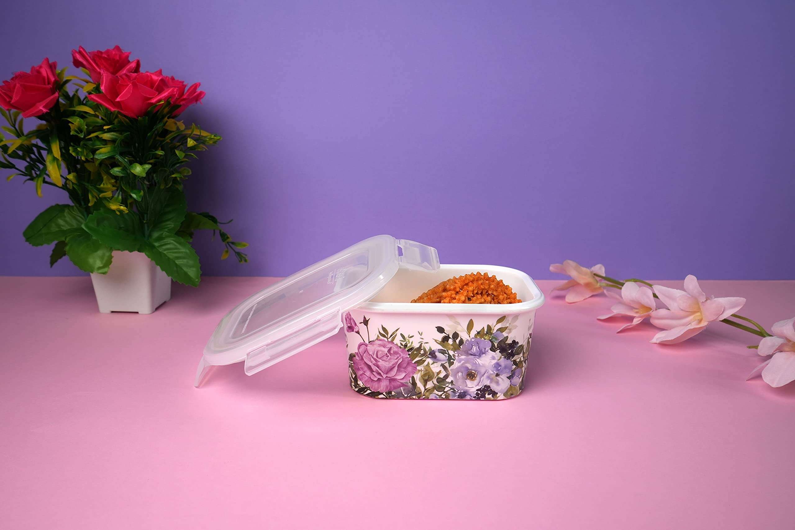 EKTRA Bloom Field Store N Safe Rectangle Midi Shape Melamine Storage Jar and Containers Leak Proof Food Locking Storage with Lid, For Kitchen Grocery Multipurpose Storage Set of 4 pcs (900 ml each) 4