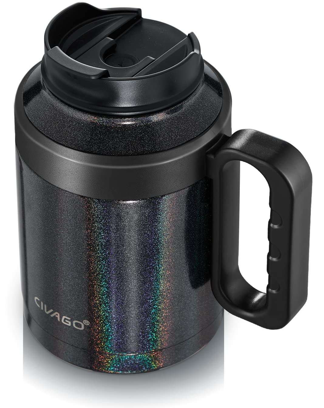 CIVAGO 50 oz Insulated Tumbler Mug with Lid and Straw, Vacuum Travel Coffee Mug with Handle, Double Wall Stainless Steel Water Cup Bottle, Black Glitter 2
