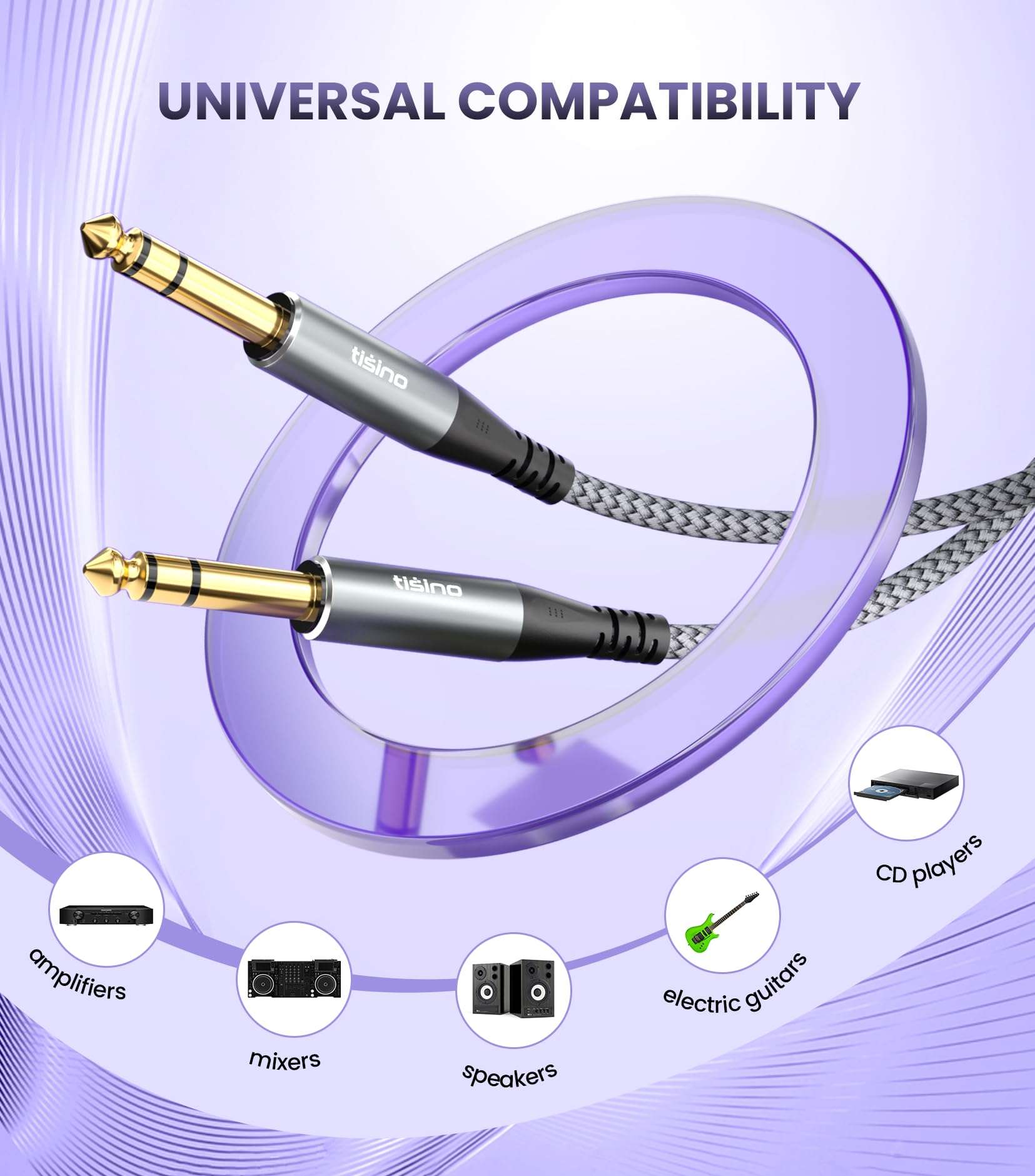 Tisino 1/4" TRS Cable-1/4 Male to 1/4 Male Audio Cable Balanced Stereo Audio Cable, Nylon Braid-Pro Interconnect and Guitar Cable Audio Cable for Studio Monitors,Mixer,Speaker-6.6 Feet 4