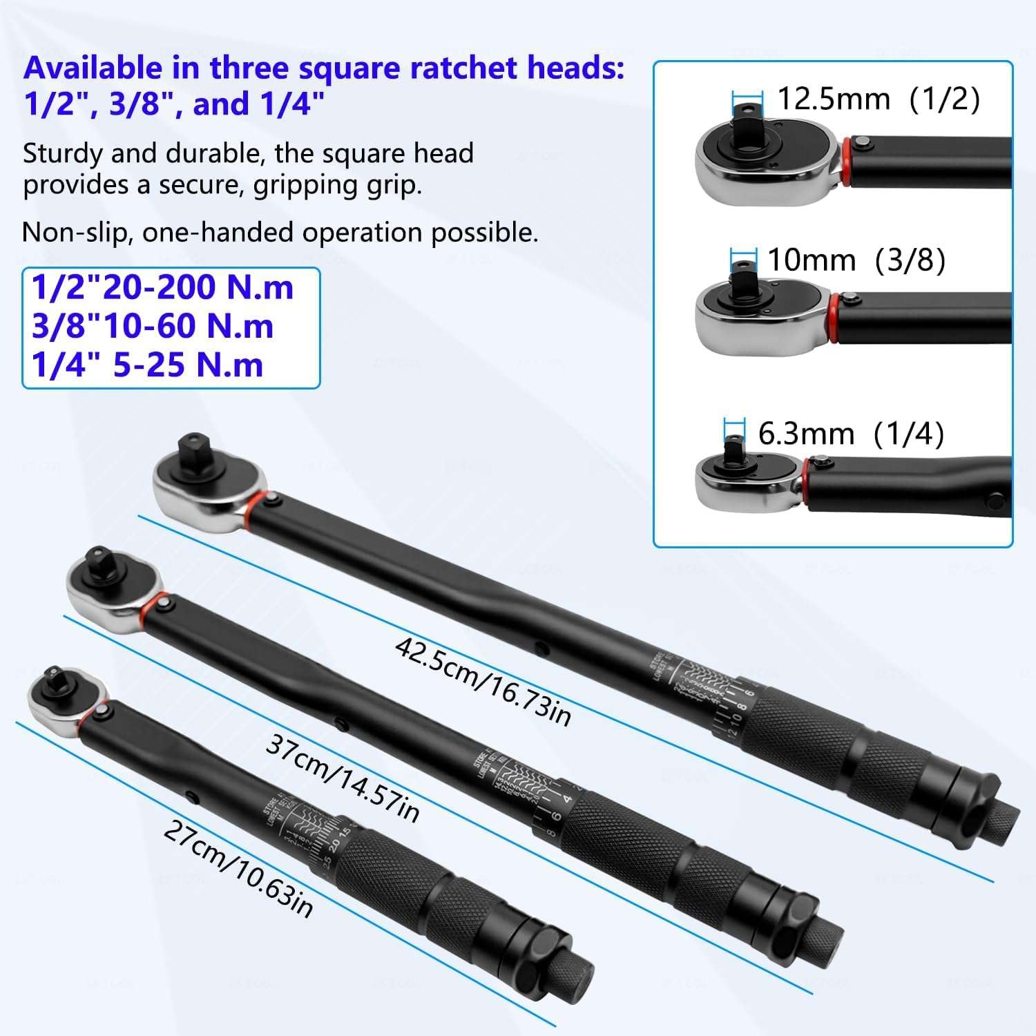 KTTOOL 3PCS 1/4" (5-25 N.m) 3/8" 10-60 N.m 1/2" (20-200 N.m) Drive 72-Tooth Torque Wrench Set, Retractable Flexible Quick-Release Locking Ratchet, 180° Flexible Head, Suitable for Tight Spaces 3