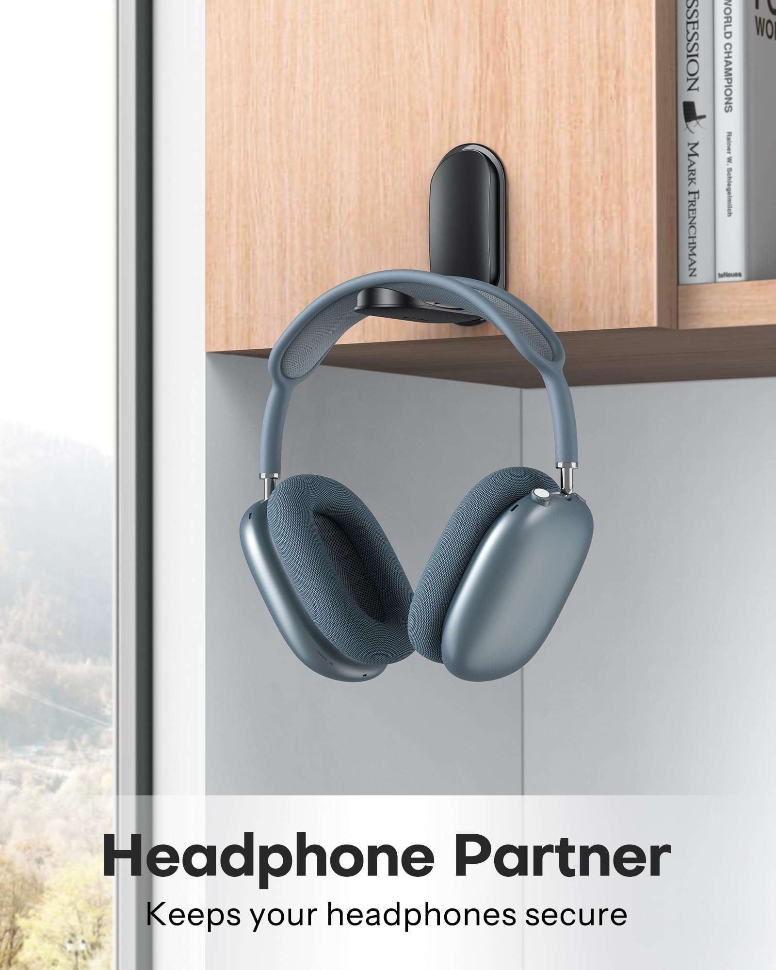 OMOTON Headphone Stand for Desk, Foldable Sticky Headset Stand Holder, Headphone Holder Hook Mount with Non-Slip Silicone, PC Gaming Accessories for Airpods Max, All Earphones- Black 3