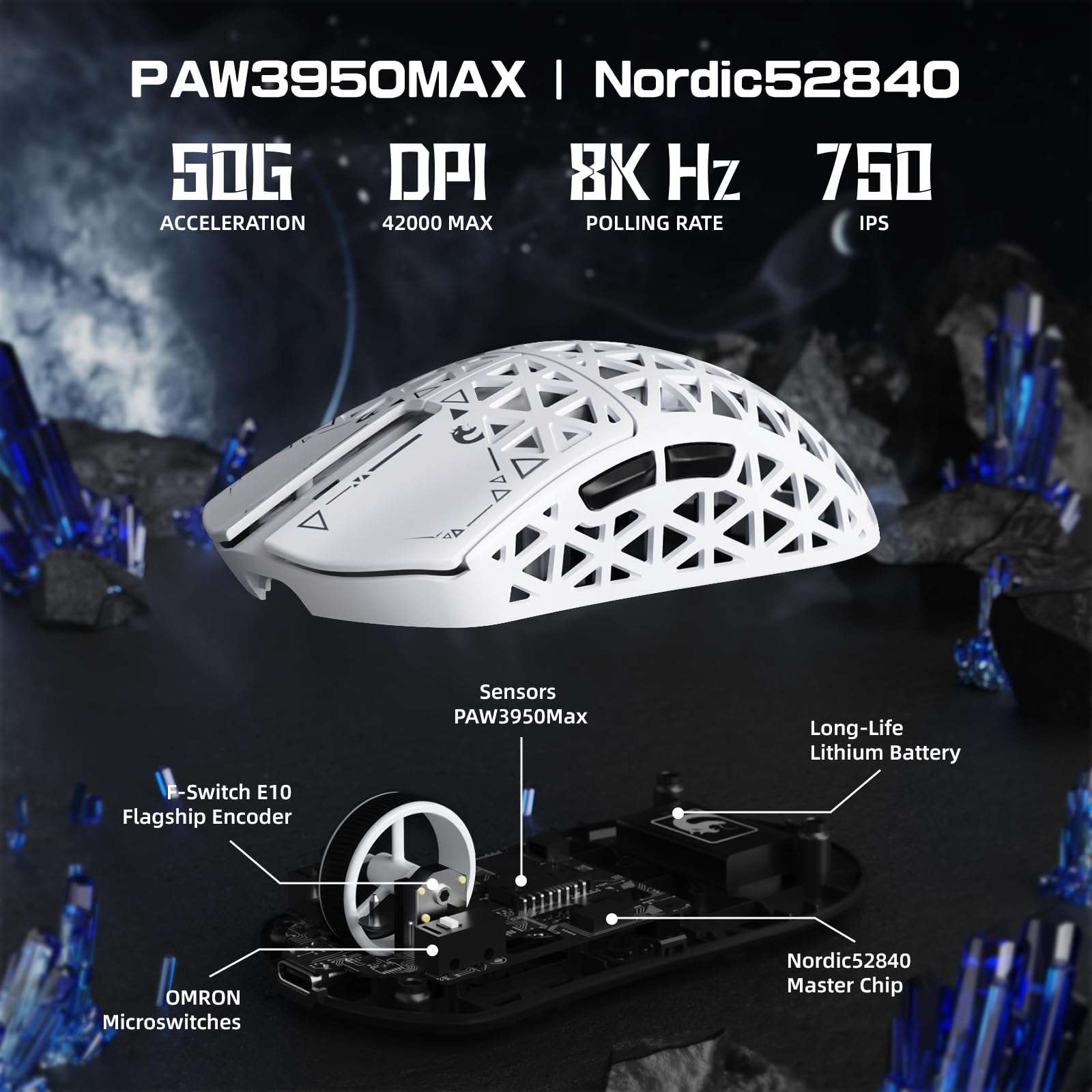 MAMBASNAKE M5 Ultra Carbon Fiber 8000Hz Wireless Gaming Mouse, 39g Superlight, 42000DPI, PAW3950MAX Sensor, Nordic 52840 Chip, Bluetooth/2.4G/USB-C Wired Mice wih Coiled Cable for PC/Mac (White) 6