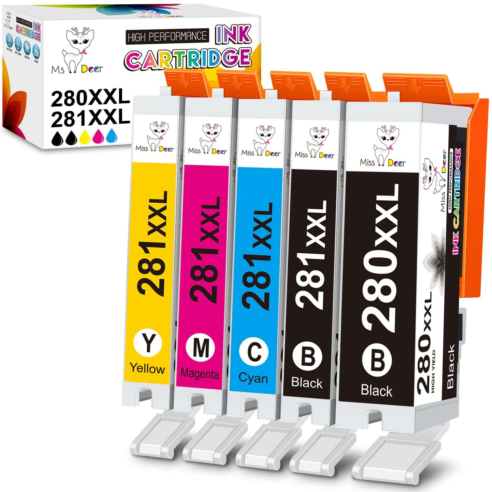 Miss Deer Compatible 280 281 Ink Cartridges for Canon PGI-280XXL CLI-281XXL for Pixma TR8520 TR8620 TS6120 TR7520 TS8220 TR8600 TS6220 TS6320 TS8320 TS9120 TS9521c Printer (1 PGBK 1BK 1C 1M 1Y) 5 Pack 1